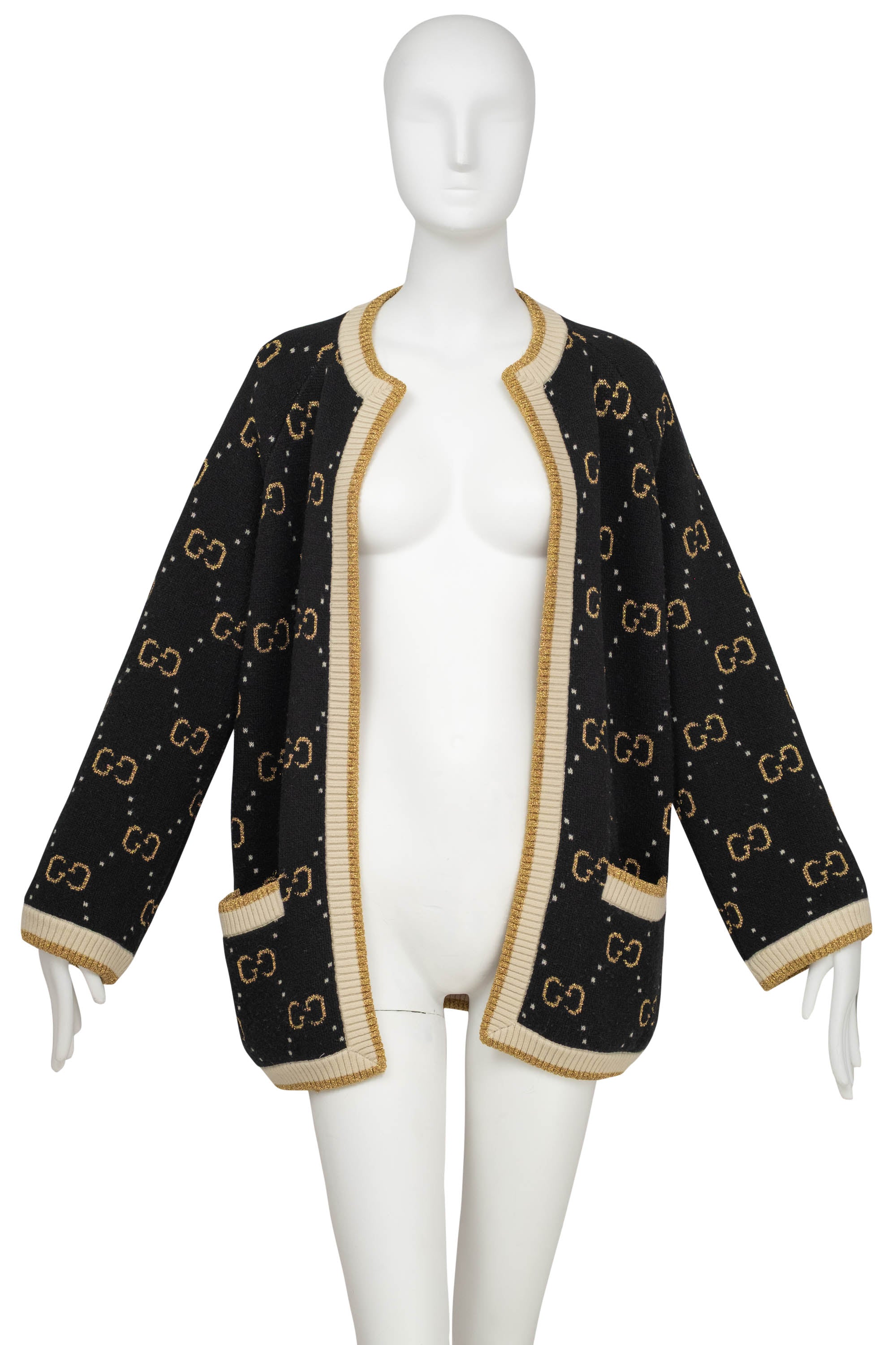 Gucci Black and Gold GG Monogram Wool Cardigan Silk Lining Sweater