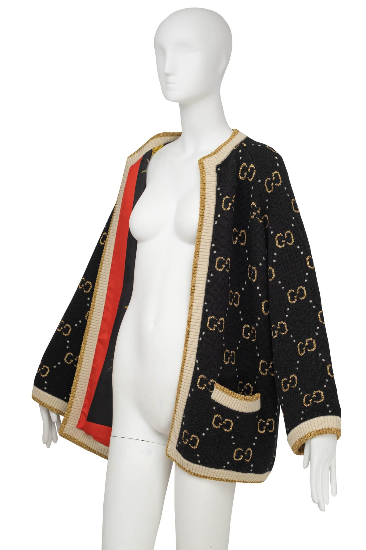 Gucci Black and Gold GG Monogram Wool Cardigan Silk Lining Sweater Size S
