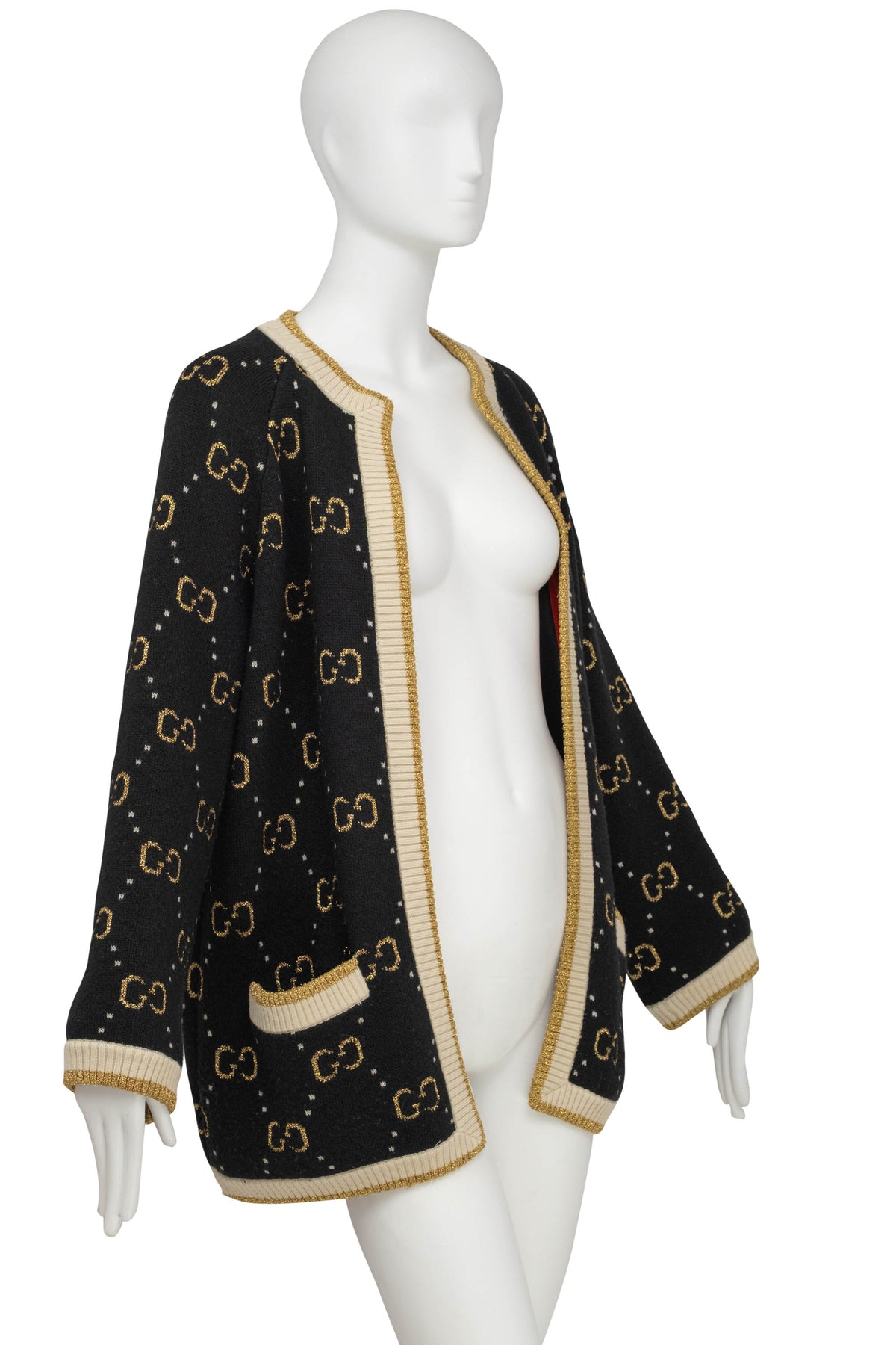 Gucci Black and Gold GG Monogram Wool Cardigan Silk Lining Sweater Size S