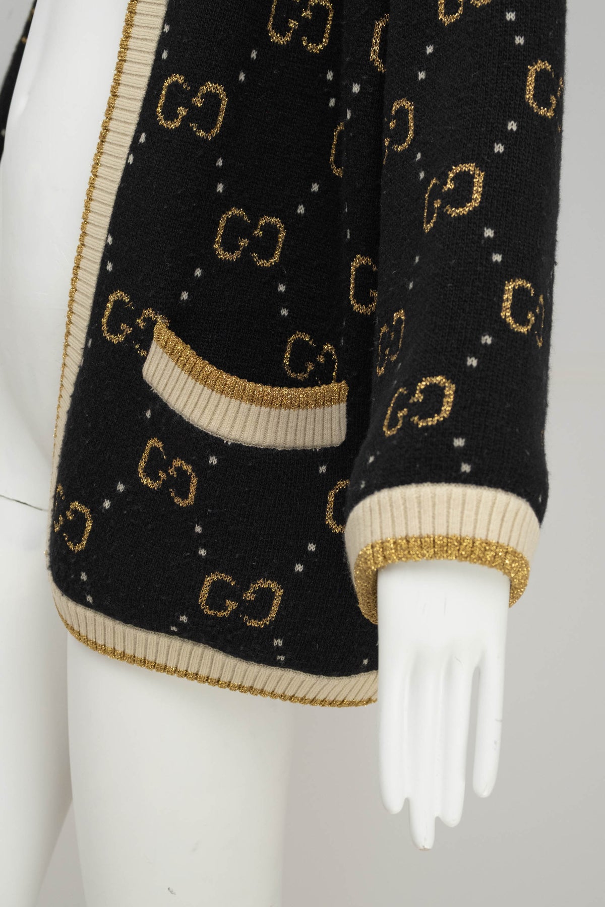 Gucci Black and Gold GG Monogram Wool Cardigan Silk Lining Sweater Size S