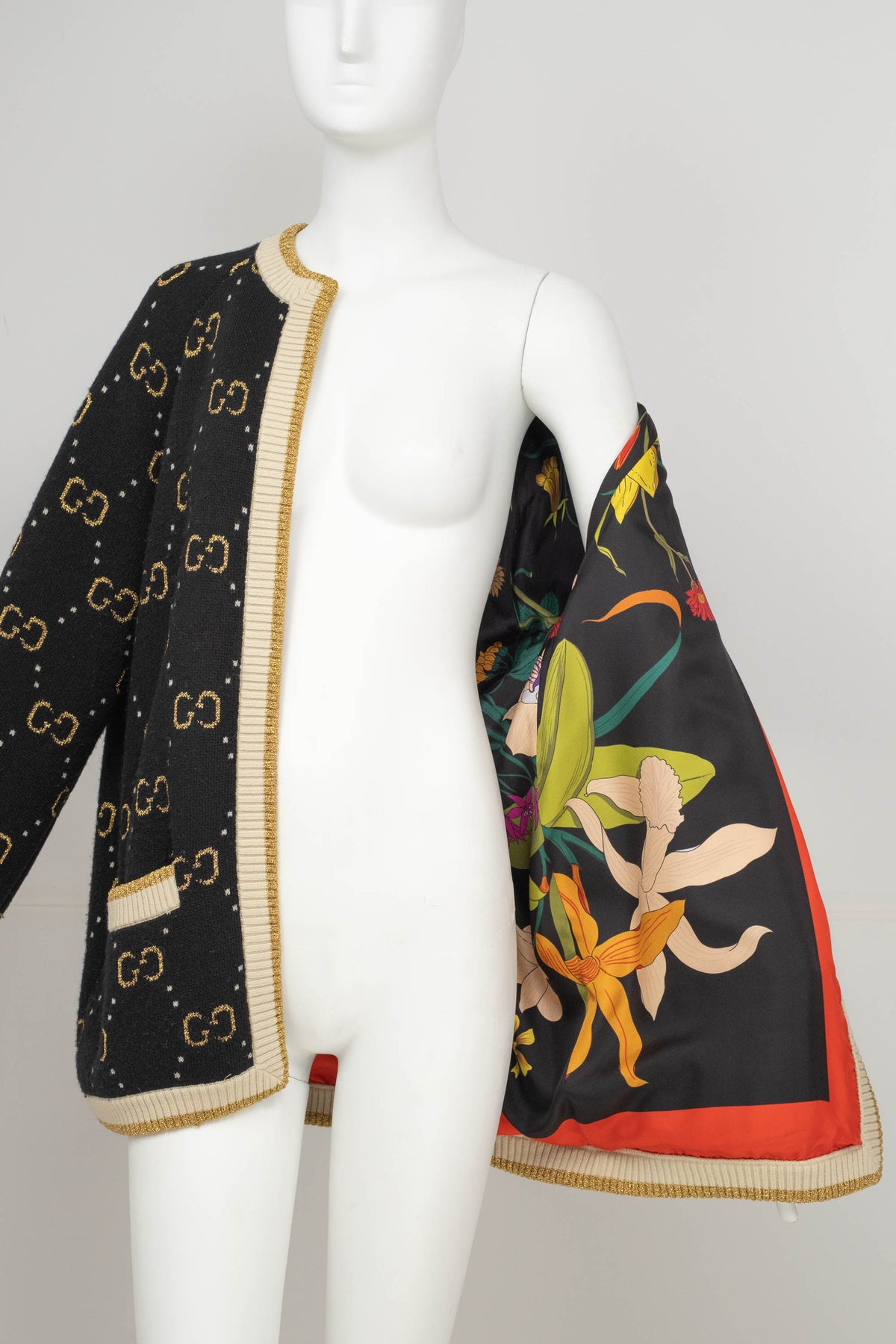 Gucci Black and Gold GG Monogram Wool Cardigan Silk Lining Sweater Size S
