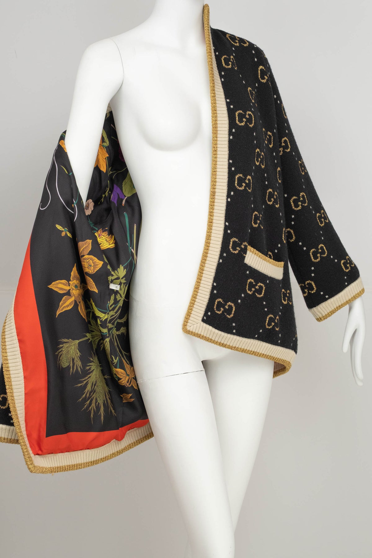 Gucci Black and Gold GG Monogram Wool Cardigan Silk Lining Sweater Size S