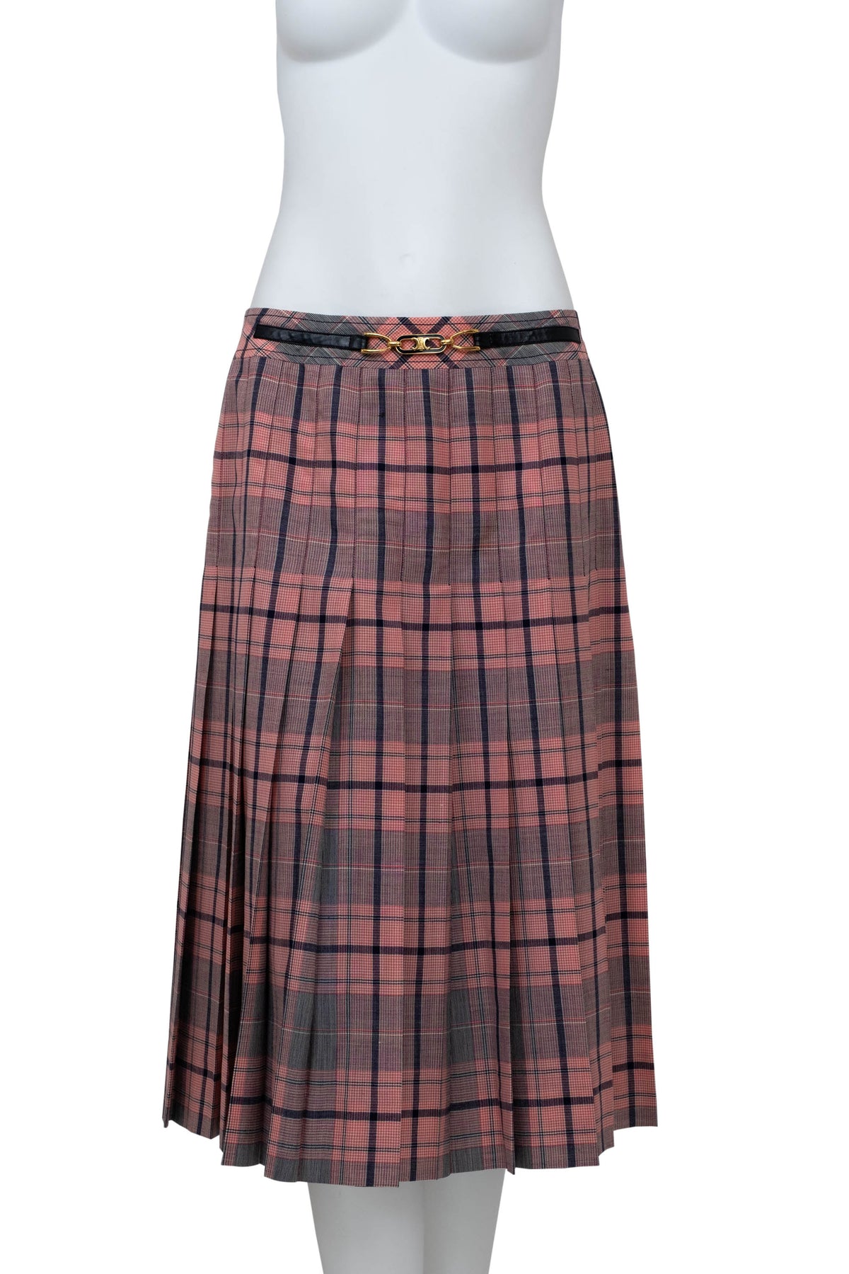 Celine Pink and Black Plaid Triomphe Buckle Kilt Vintage 1980's