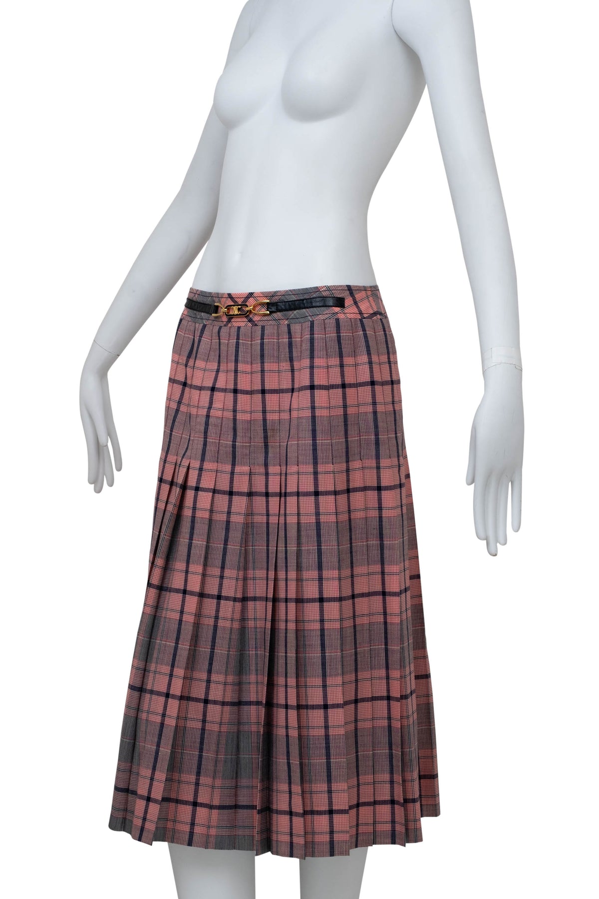 Celine Pink and Black Plaid Triomphe Buckle Kilt Vintage 1980's