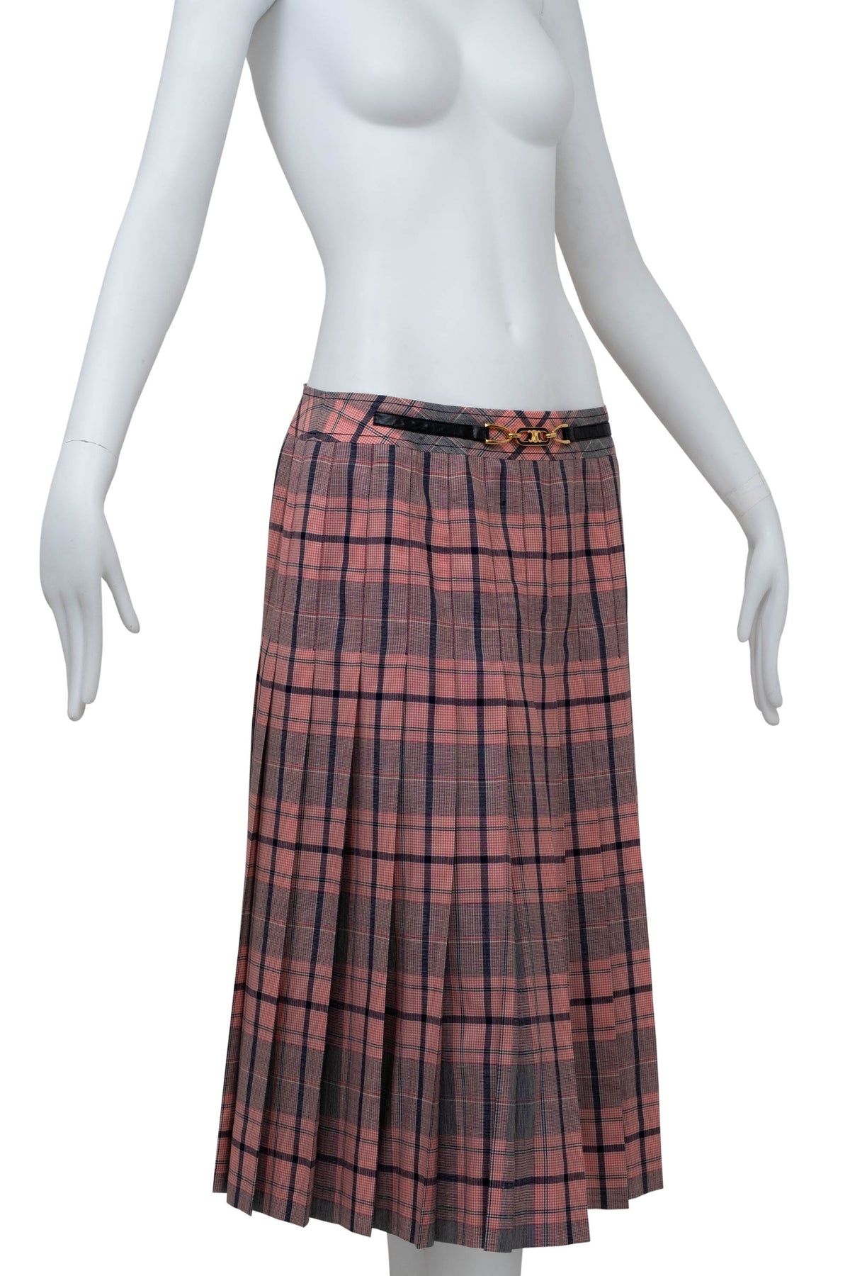 Celine Pink and Black Plaid Triomphe Buckle Kilt Vintage 1980's