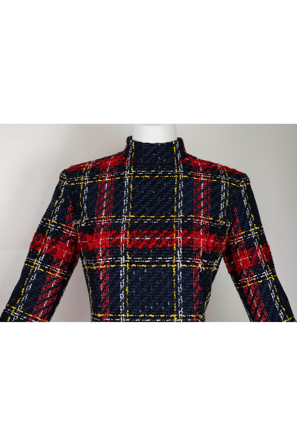 Balmain Red and Blue Plaid Tweed Mini Long Sleeve Dress Size 40