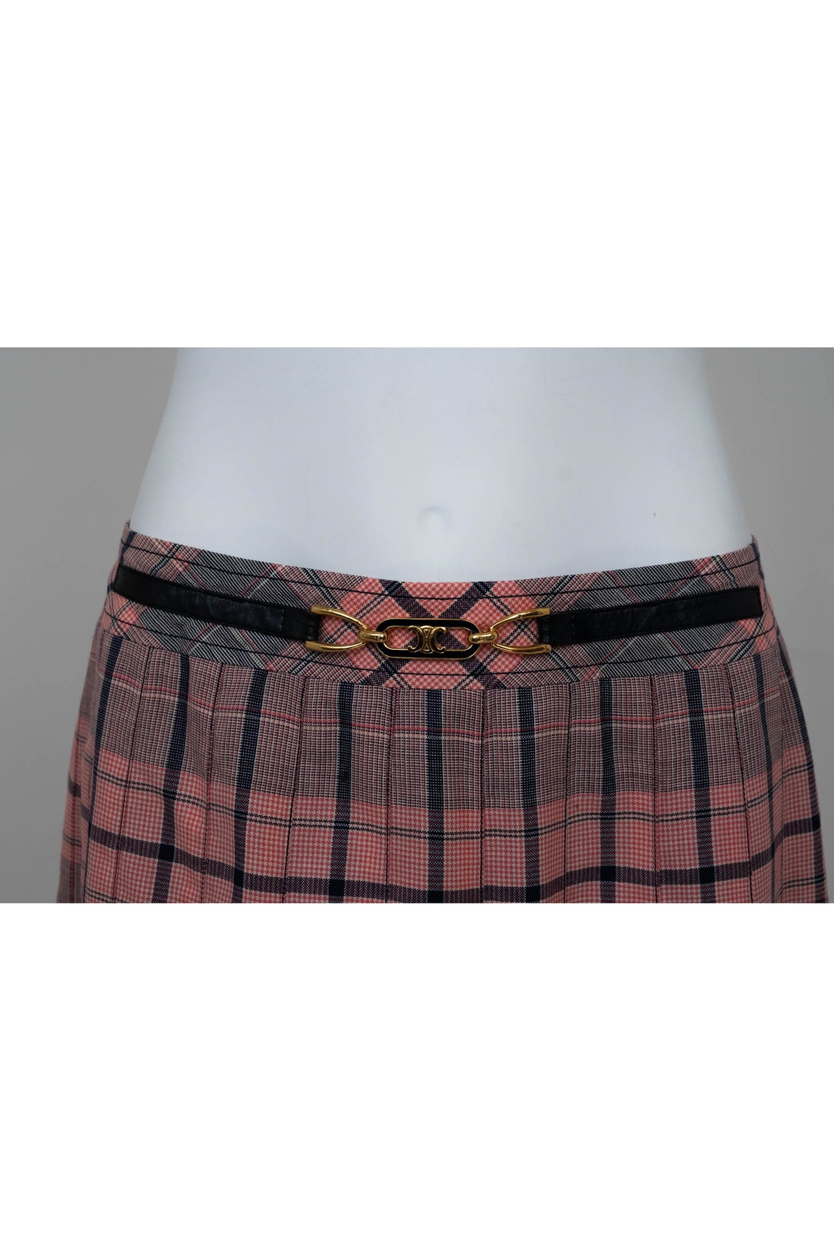 Celine Pink and Black Plaid Triomphe Buckle Kilt Vintage 1980's