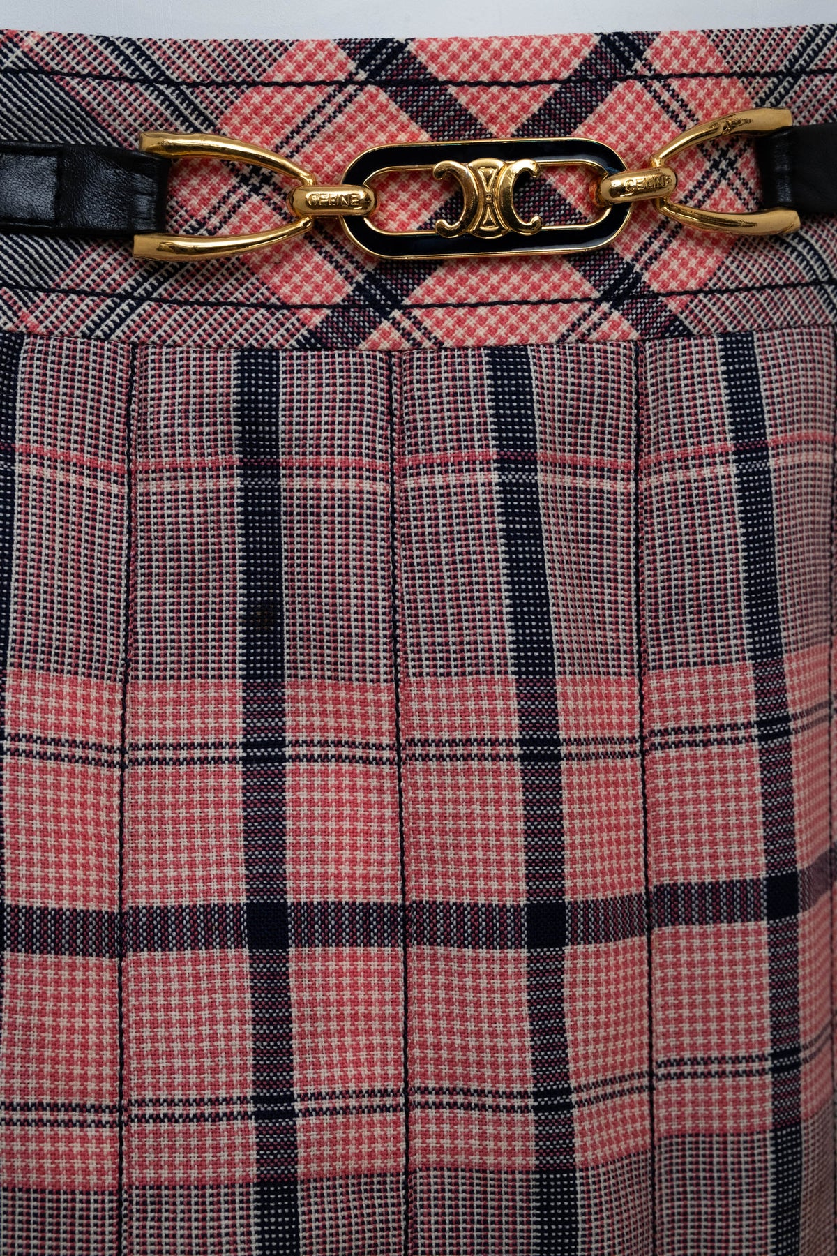 Celine Pink and Black Plaid Triomphe Buckle Kilt Vintage 1980's