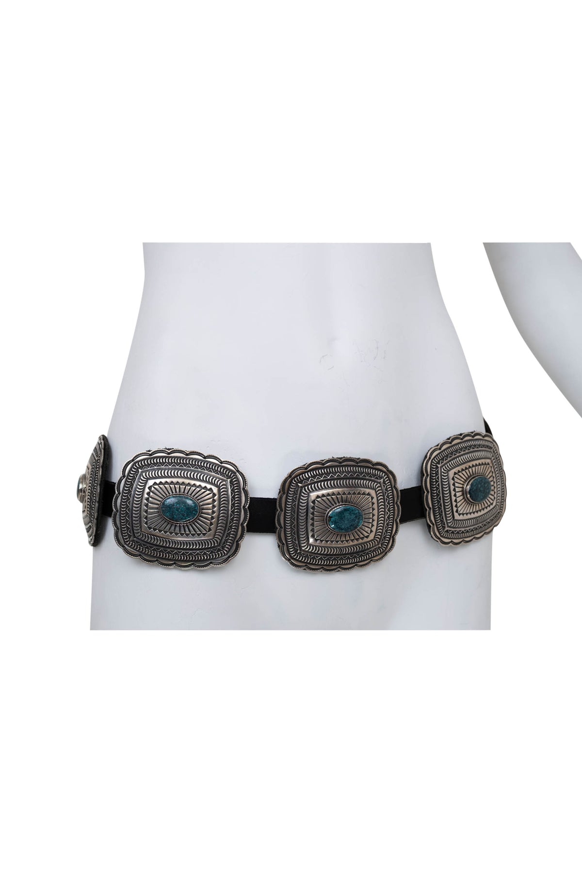 Sunshine Reeves Native Am. Size M/L Black Heavy Tool Turquoise Inlay Concha Belt