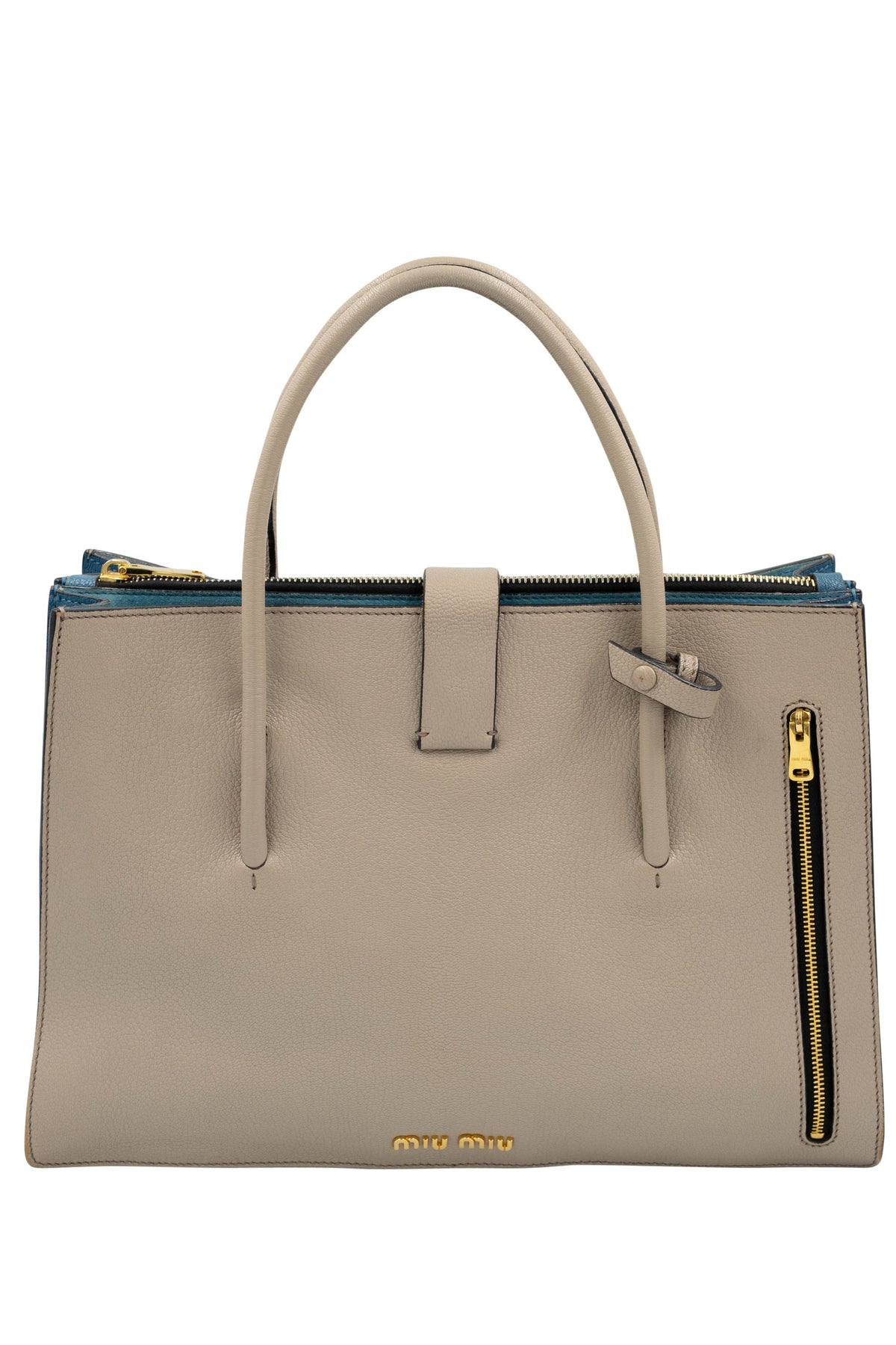 Miu Miu Taupe Teal Lined Top Handle Shoulder Strap Logo Tote Purse Size L