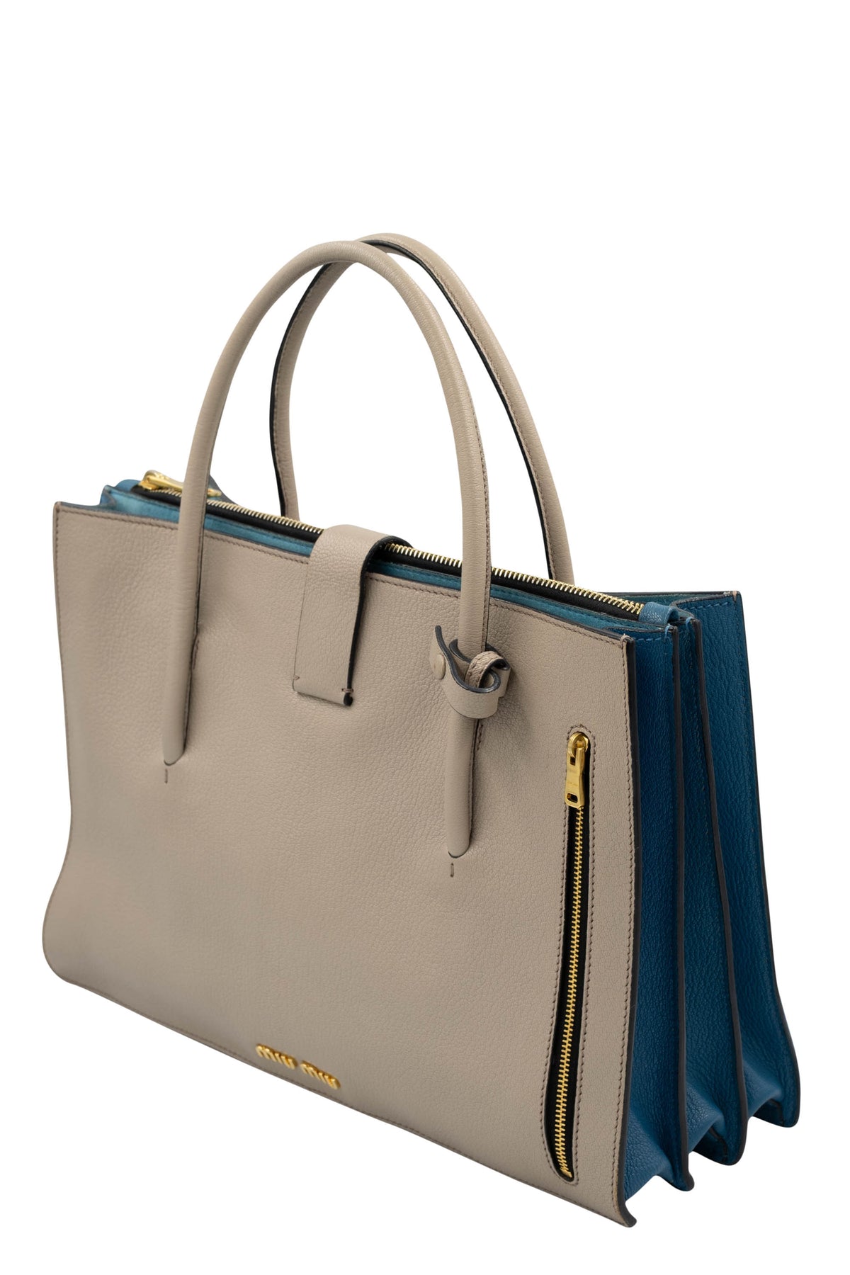 Miu Miu Taupe Teal Lined Top Handle Shoulder Strap Logo Tote Purse Size L