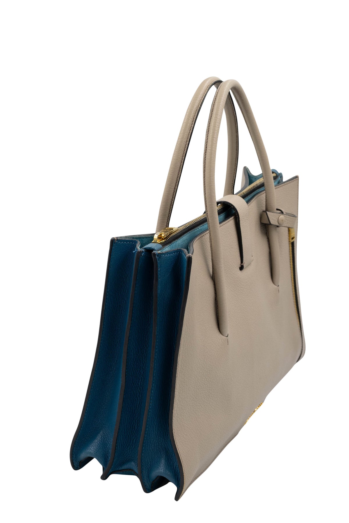 Miu Miu Taupe Teal Lined Top Handle Shoulder Strap Logo Tote Purse Size L