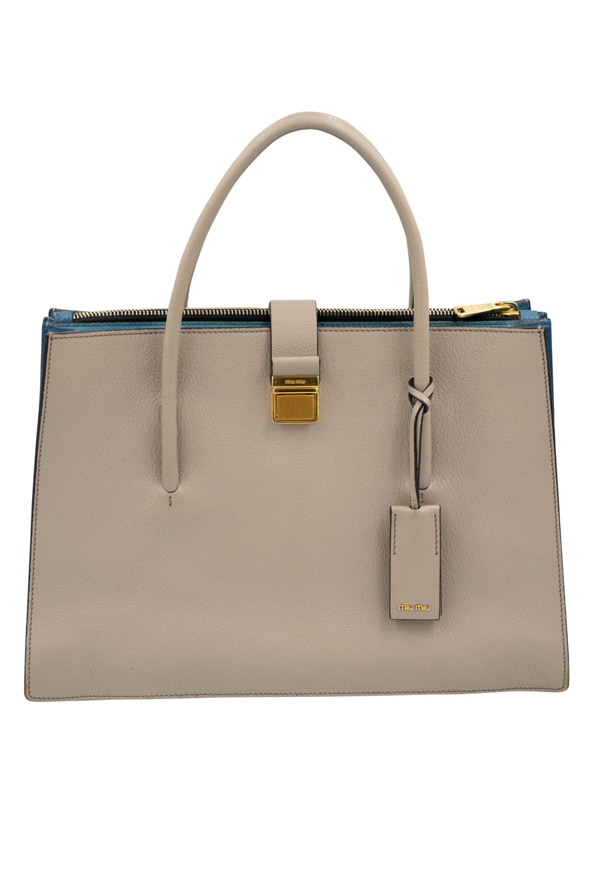 Miu Miu Taupe Teal Lined Top Handle Shoulder Strap Logo Tote Purse Size L