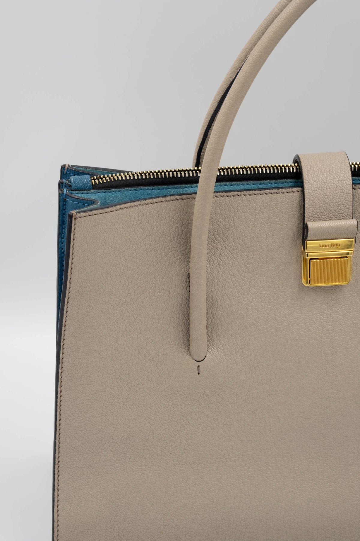 Miu Miu Taupe Teal Lined Top Handle Shoulder Strap Logo Tote Purse Size L