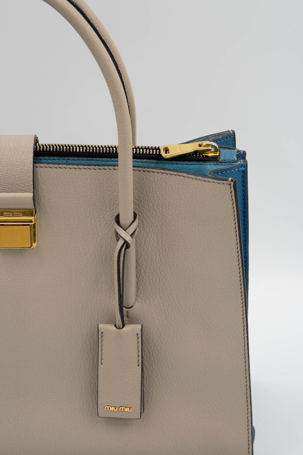 Miu Miu Taupe Teal Lined Top Handle Shoulder Strap Logo Tote Purse Size L