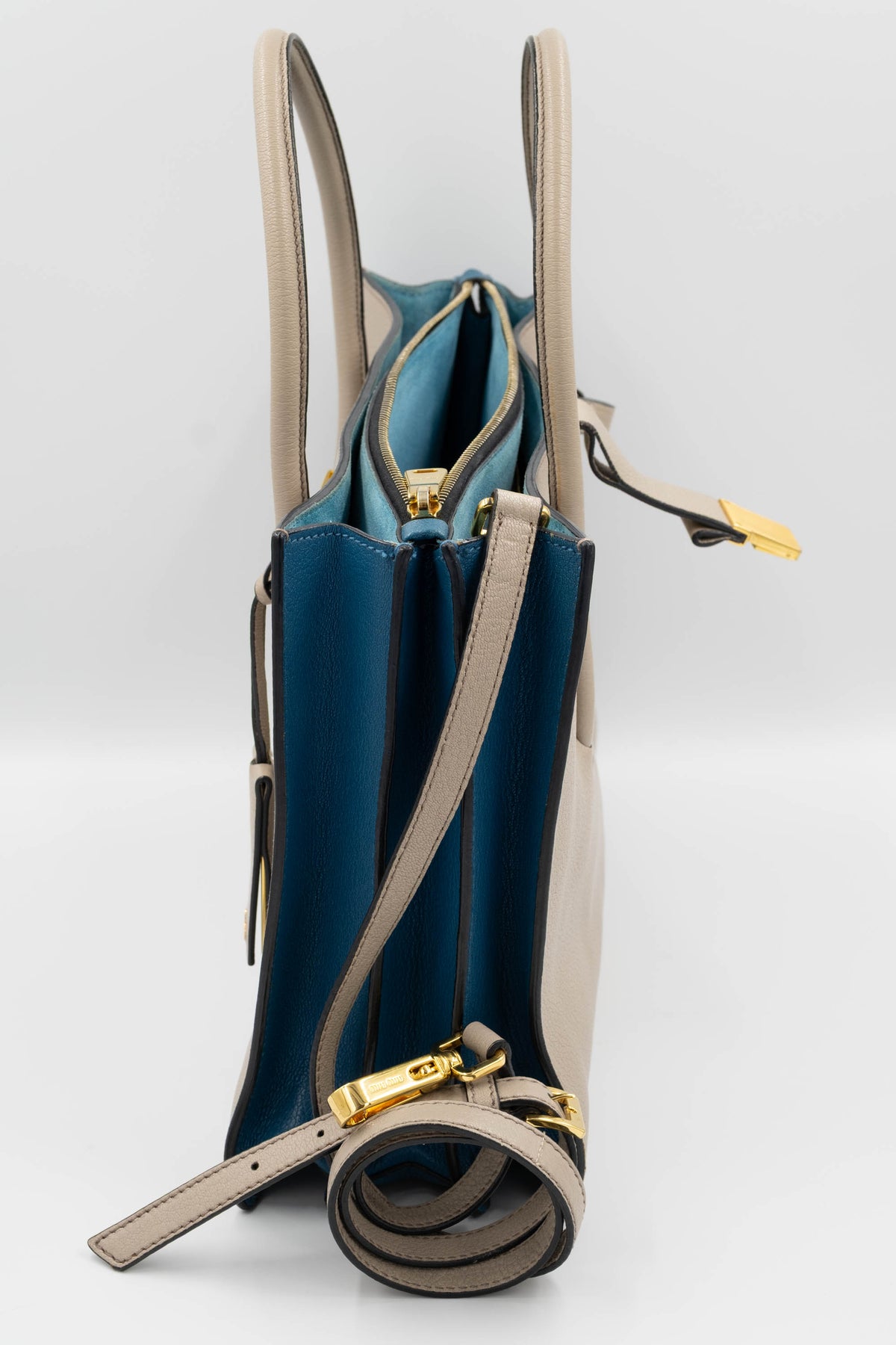 Miu Miu Taupe Teal Lined Top Handle Shoulder Strap Logo Tote Purse Size L