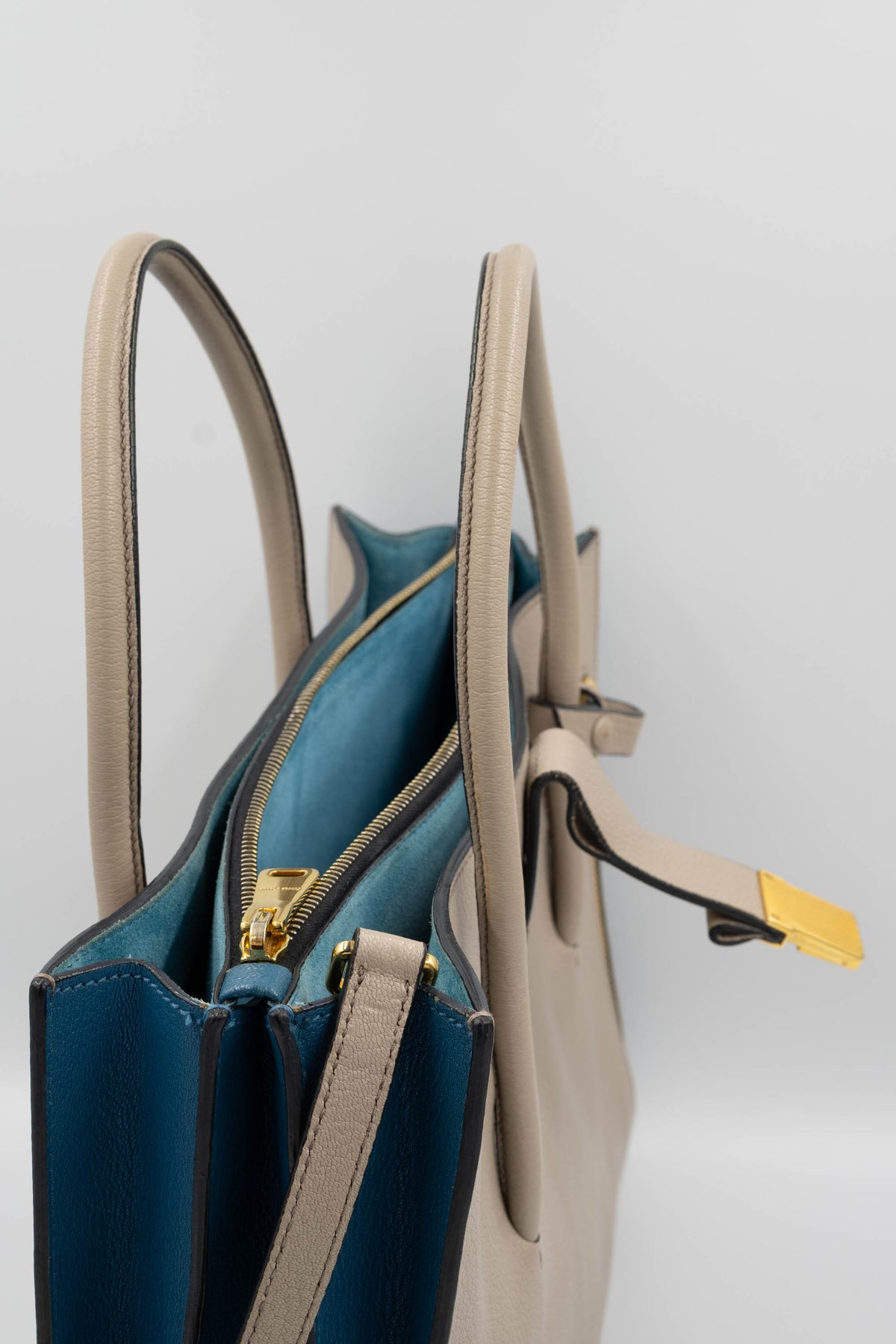 Miu Miu Taupe Teal Lined Top Handle Shoulder Strap Logo Tote Purse Size L
