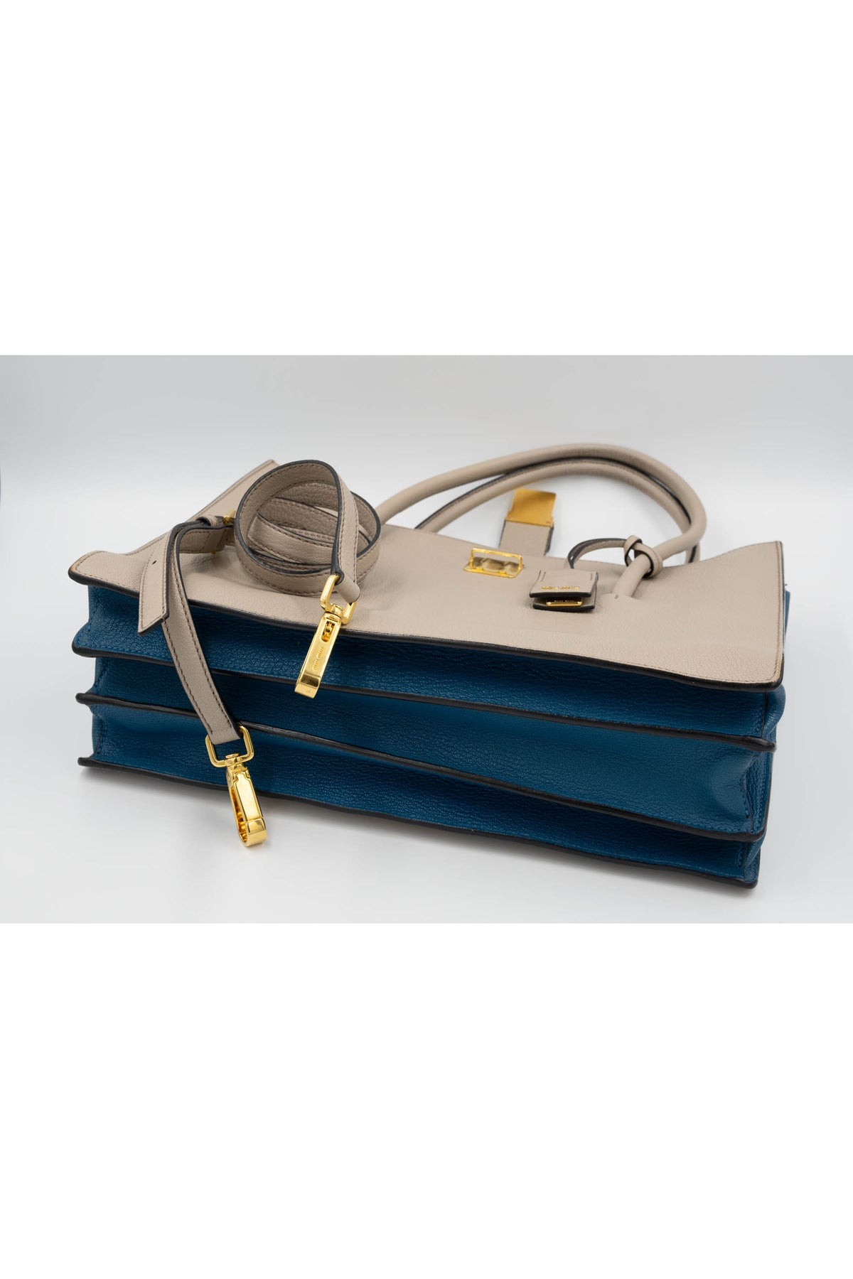 Miu Miu Taupe Teal Lined Top Handle Shoulder Strap Logo Tote Purse Size L
