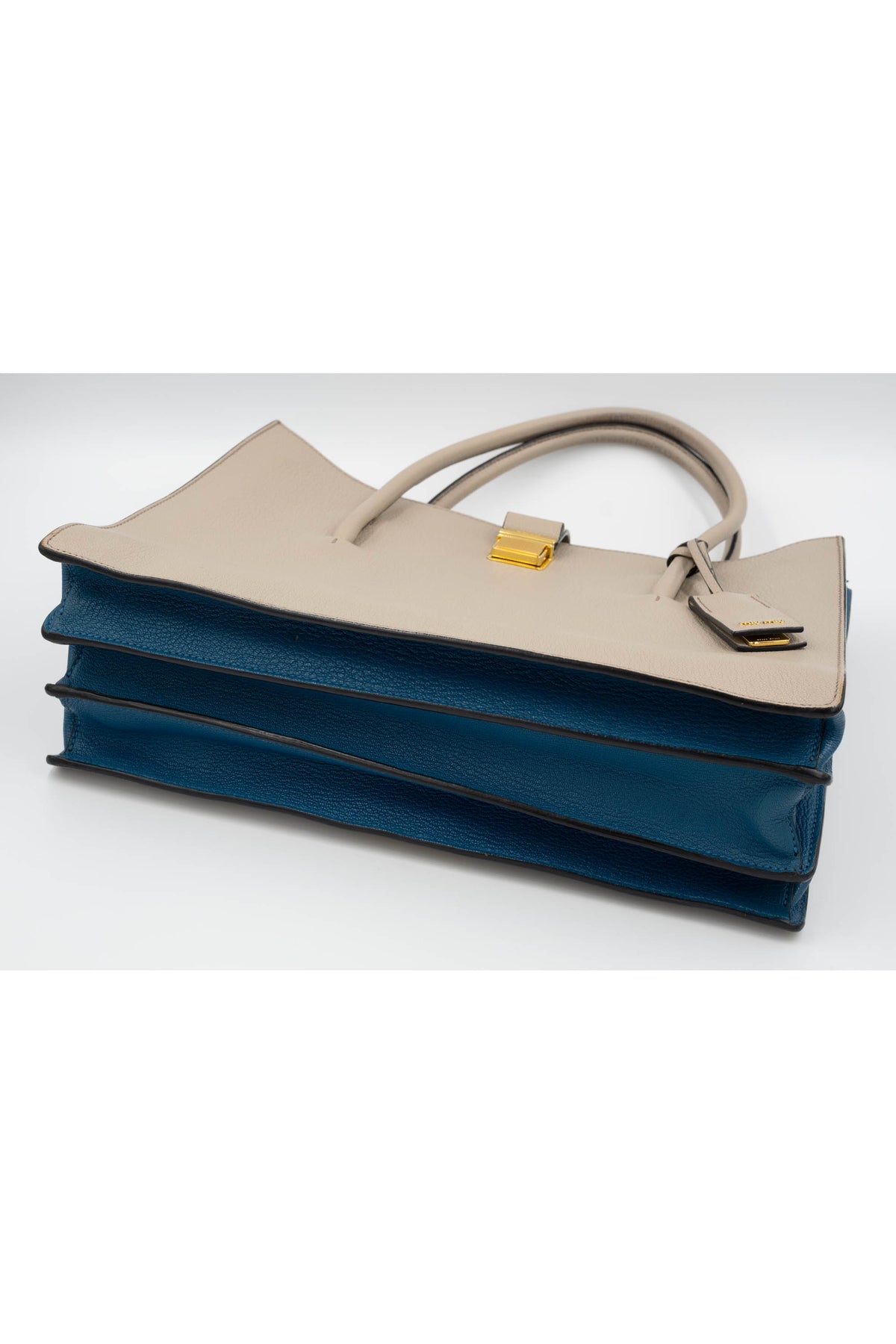 Miu Miu Taupe Teal Lined Top Handle Shoulder Strap Logo Tote Purse Size L