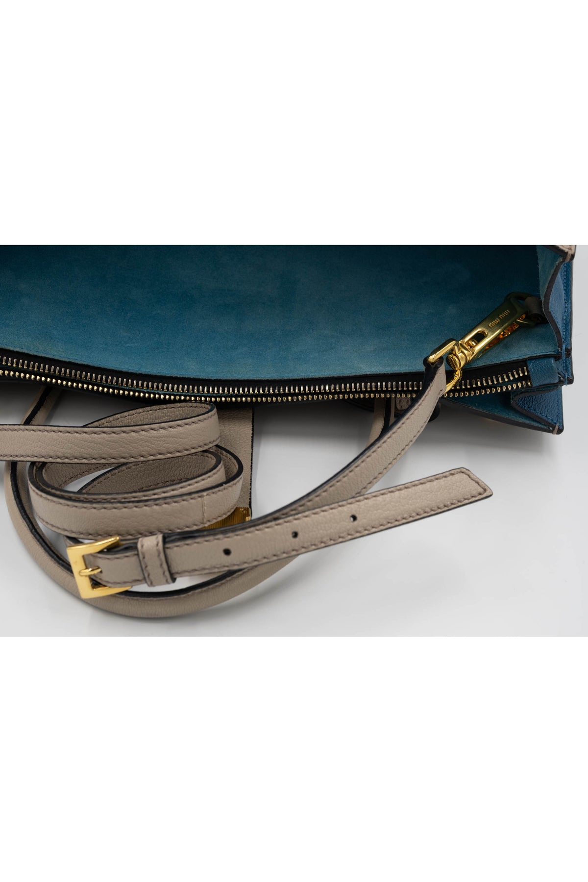 Miu Miu Taupe Teal Lined Top Handle Shoulder Strap Logo Tote Purse Size L