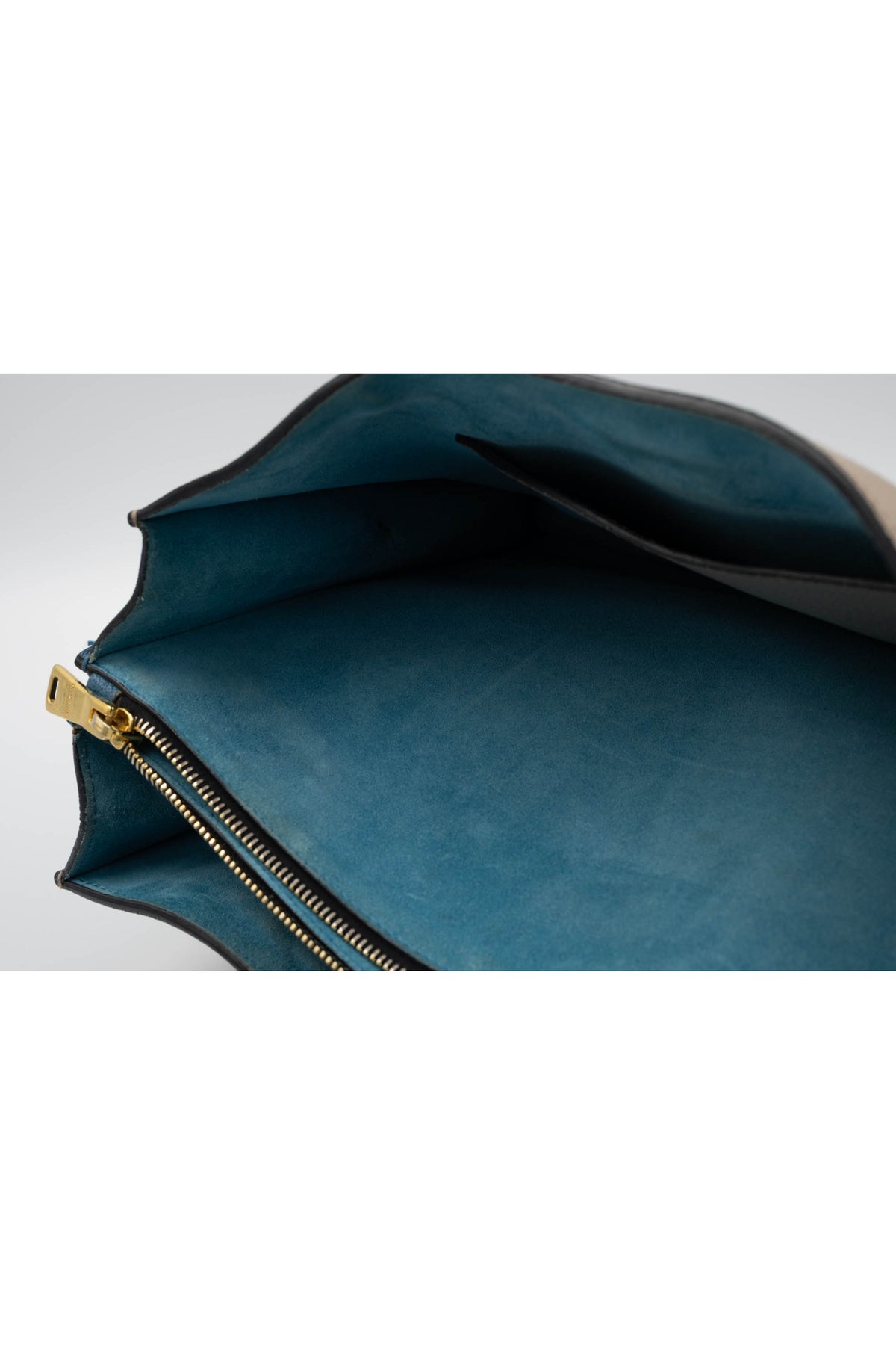Miu Miu Taupe Teal Lined Top Handle Shoulder Strap Logo Tote Purse Size L