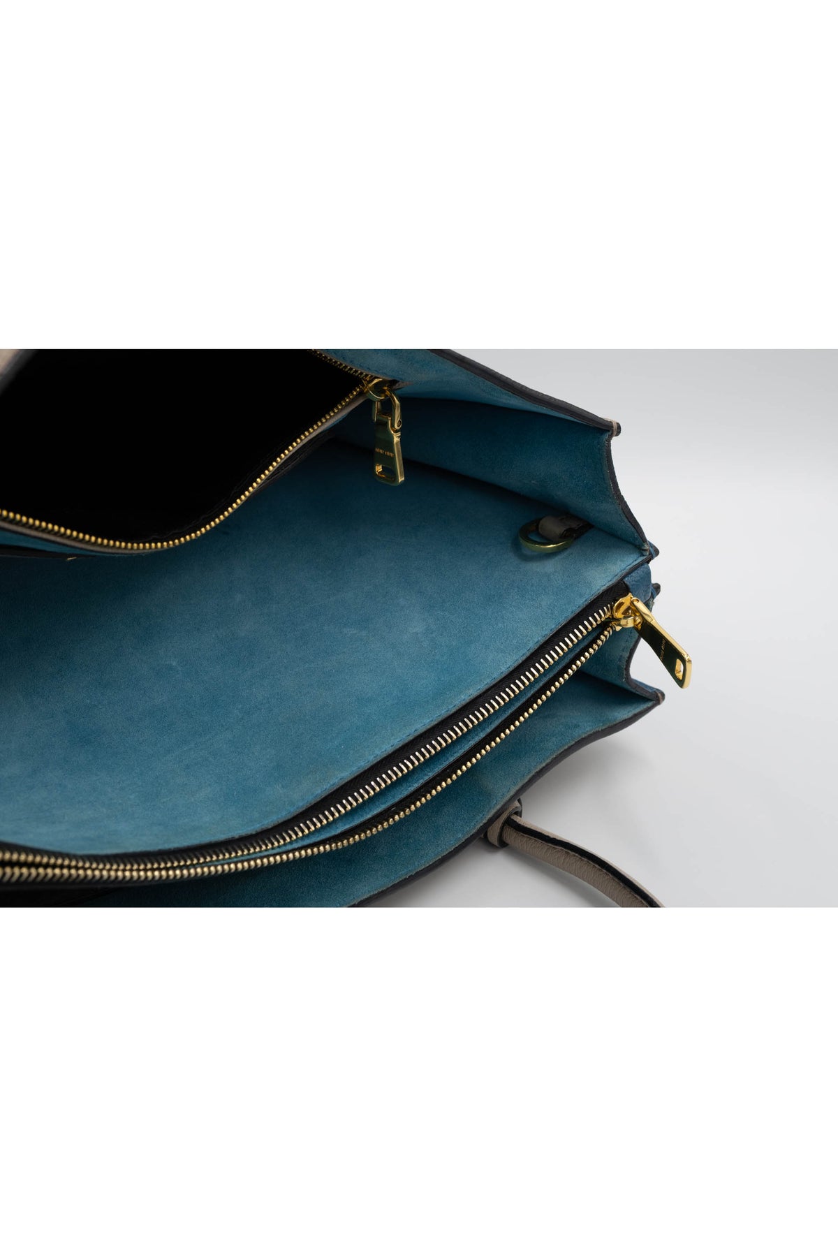 Miu Miu Taupe Teal Lined Top Handle Shoulder Strap Logo Tote Purse Size L