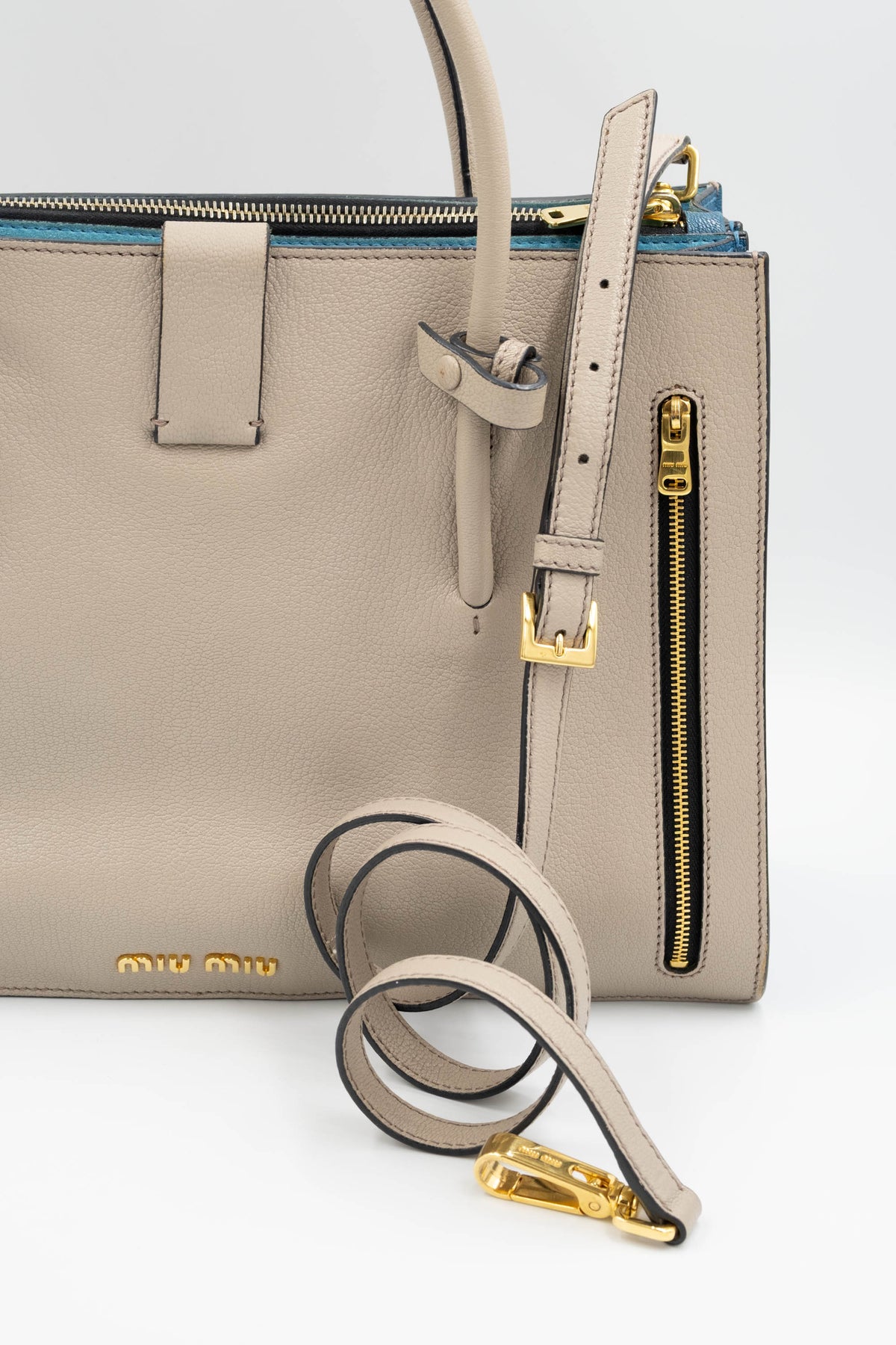 Miu Miu Taupe Teal Lined Top Handle Shoulder Strap Logo Tote Purse Size L