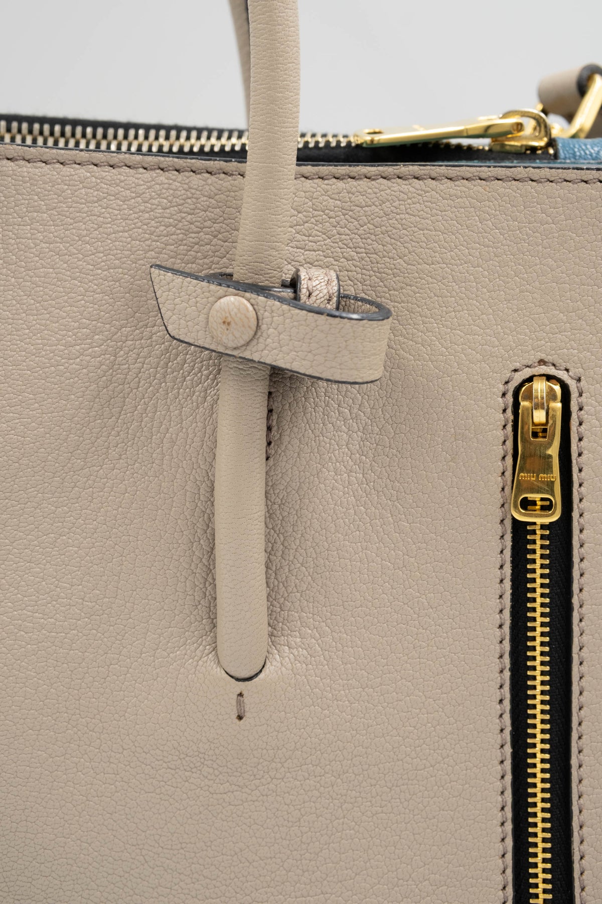 Miu Miu Taupe Teal Lined Top Handle Shoulder Strap Logo Tote Purse Size L