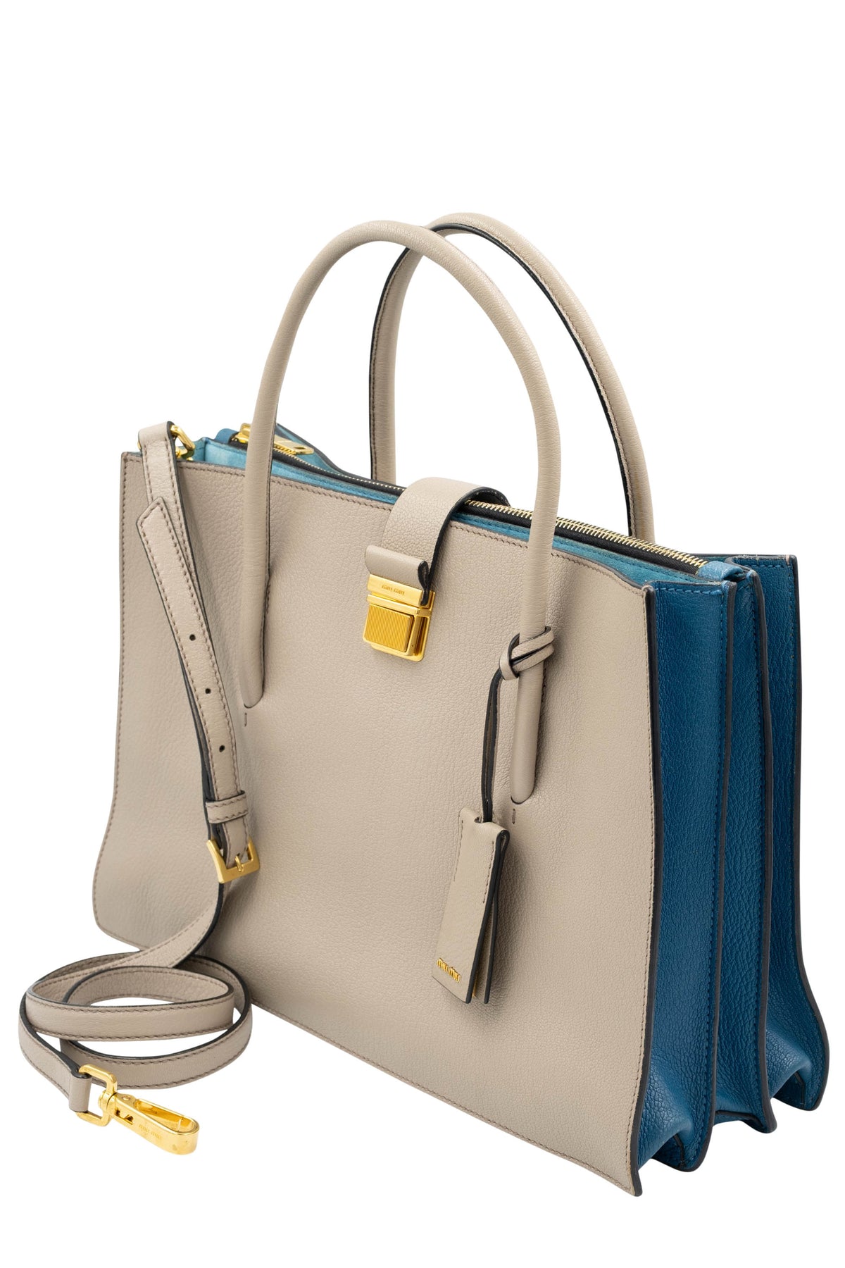 Miu Miu Taupe Teal Lined Top Handle Shoulder Strap Logo Tote Purse Size L