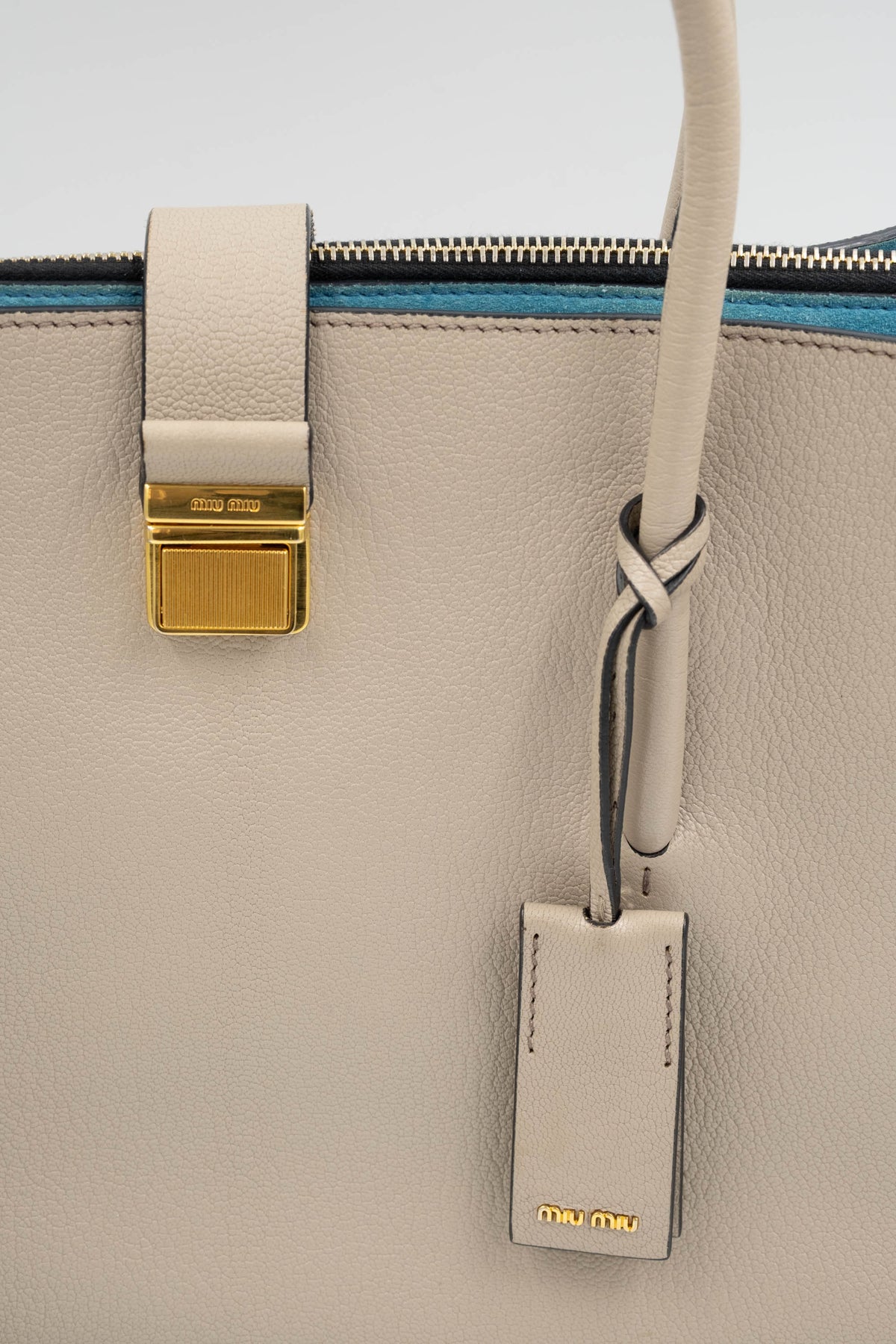 Miu Miu Taupe Teal Lined Top Handle Shoulder Strap Logo Tote Purse Size L