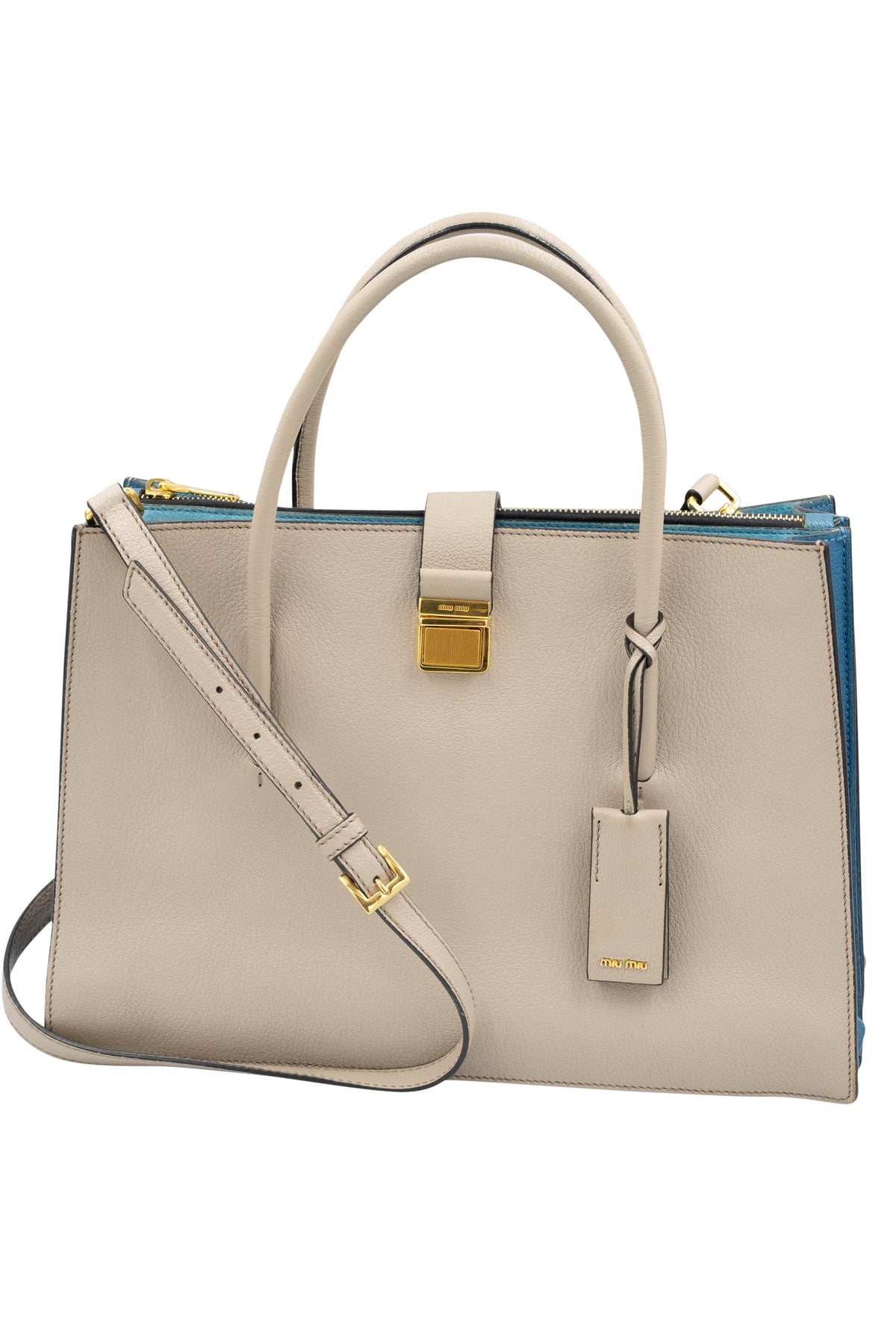 Miu Miu Taupe Teal Lined Top Handle Shoulder Strap Logo Tote Purse Size L