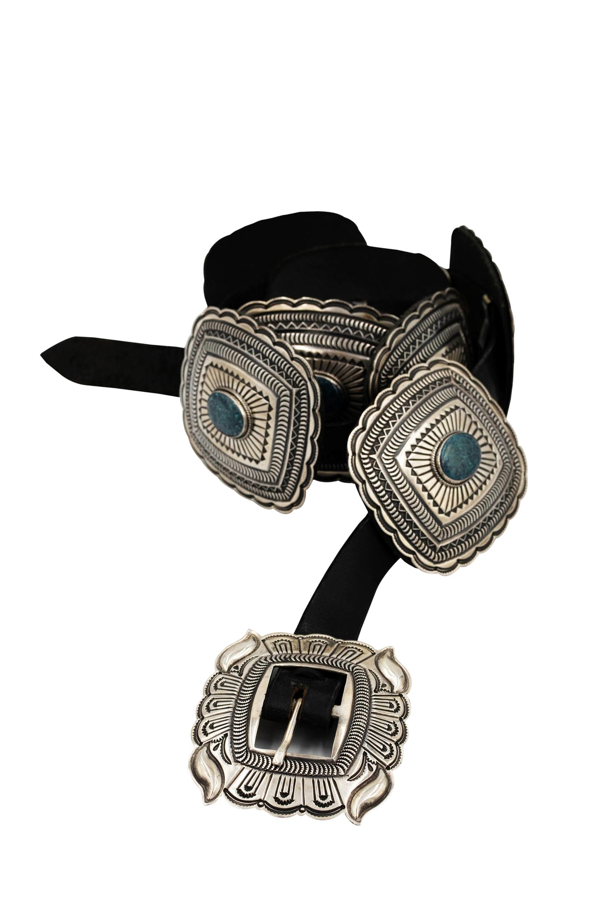 Sunshine Reeves Native Am. Size M/L Black Heavy Tool Turquoise Inlay Concha Belt