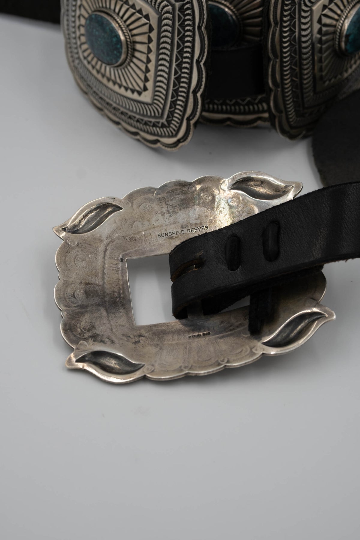 Sunshine Reeves Native Am. Size M/L Black Heavy Tool Turquoise Inlay Concha Belt
