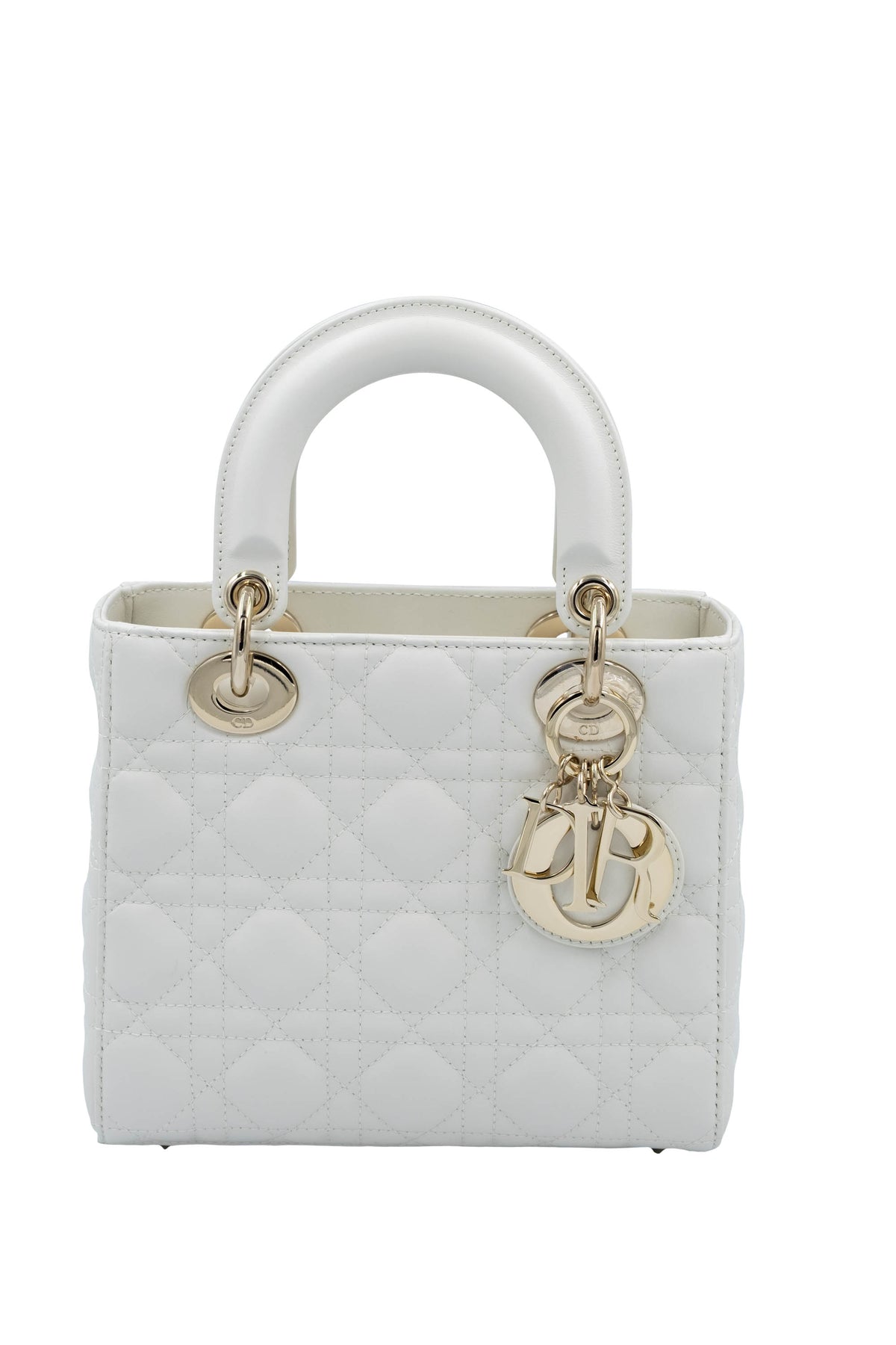 Christian Dior White Cannage Lady Dior Purse Wide Strap Size Small