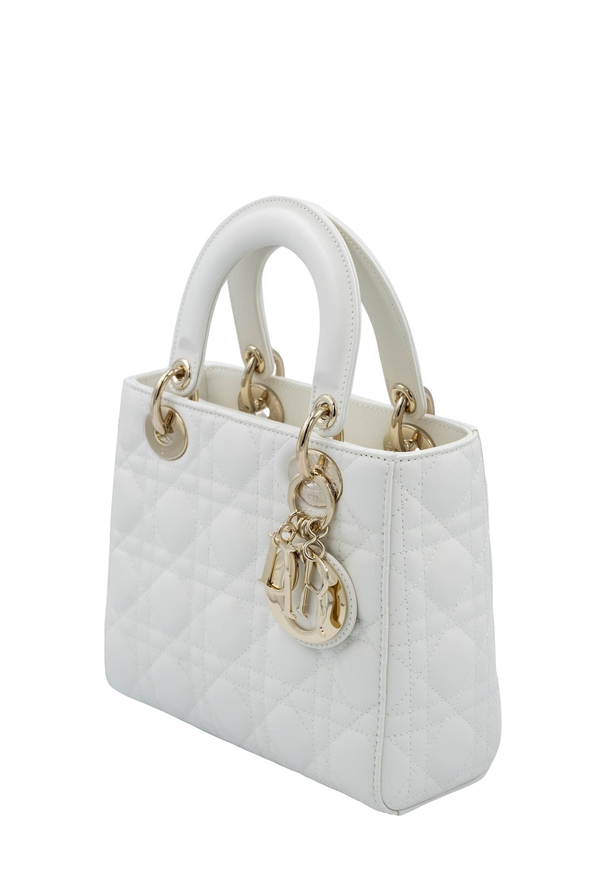 Christian Dior White Cannage Lady Dior Purse Wide Strap Size Small