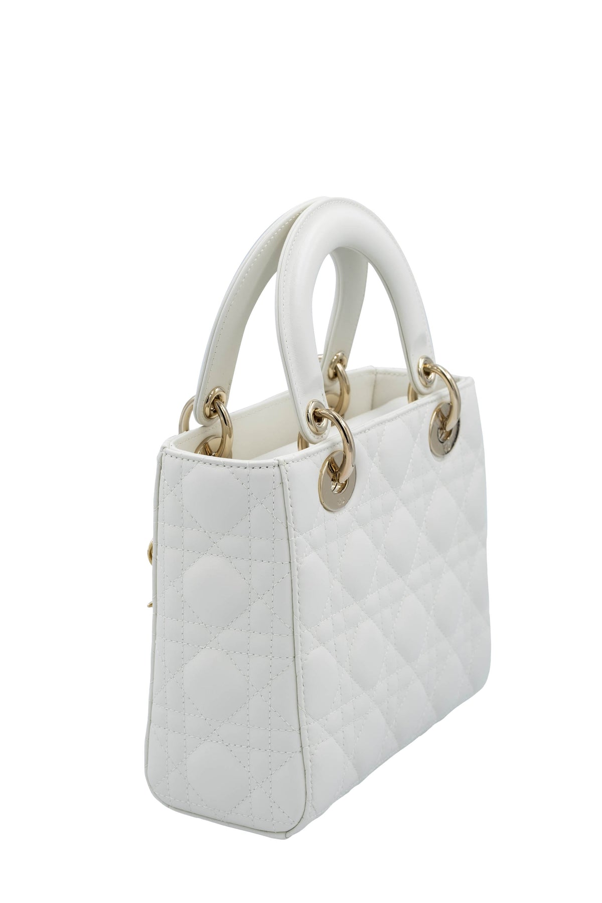 Christian Dior White Cannage Lady Dior Purse Wide Strap Size Small