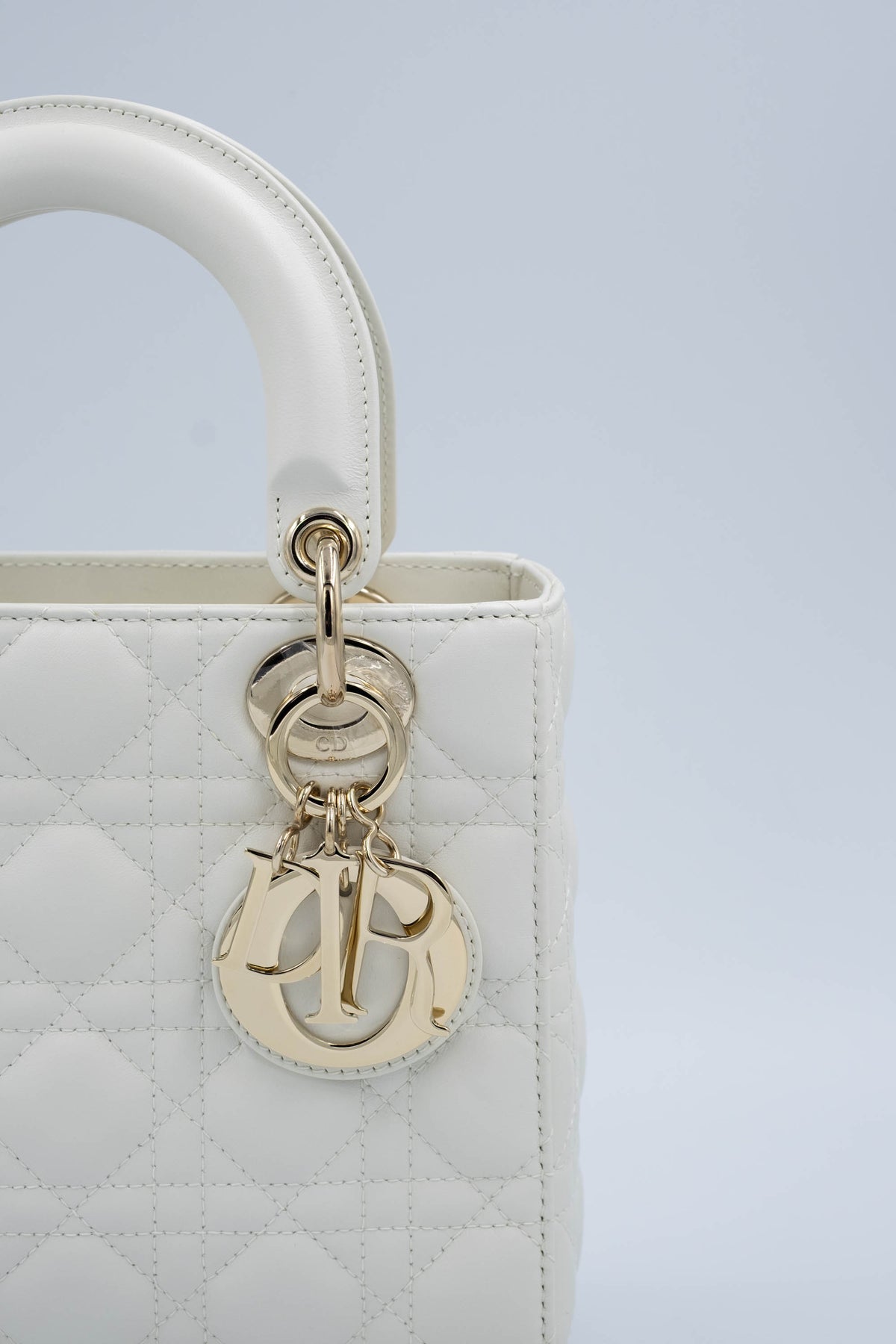 Christian Dior White Cannage Lady Dior Purse Wide Strap Size Small