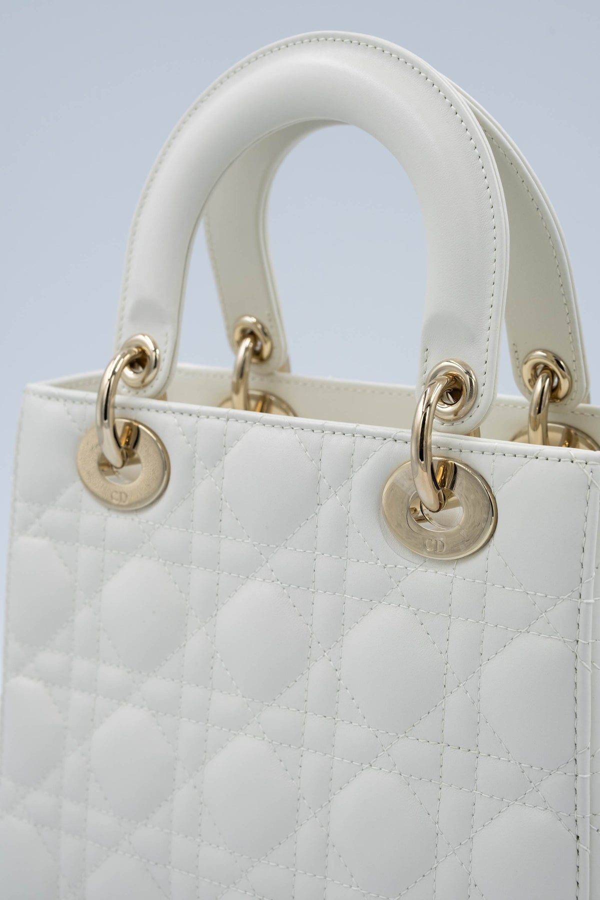 Christian Dior White Cannage Lady Dior Purse Wide Strap Size Small