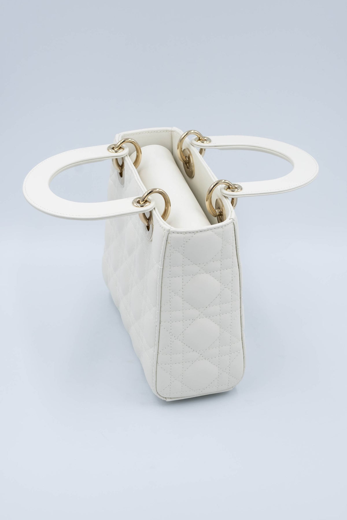 Christian Dior White Cannage Lady Dior Purse Wide Strap Size Small