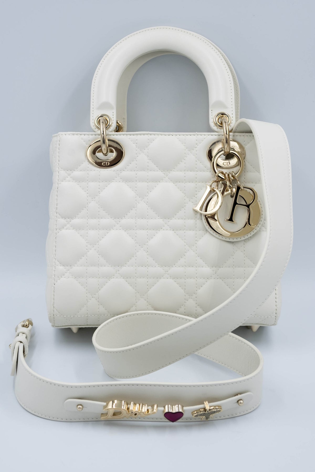 Christian Dior White Cannage Lady Dior Purse Wide Strap Size Small
