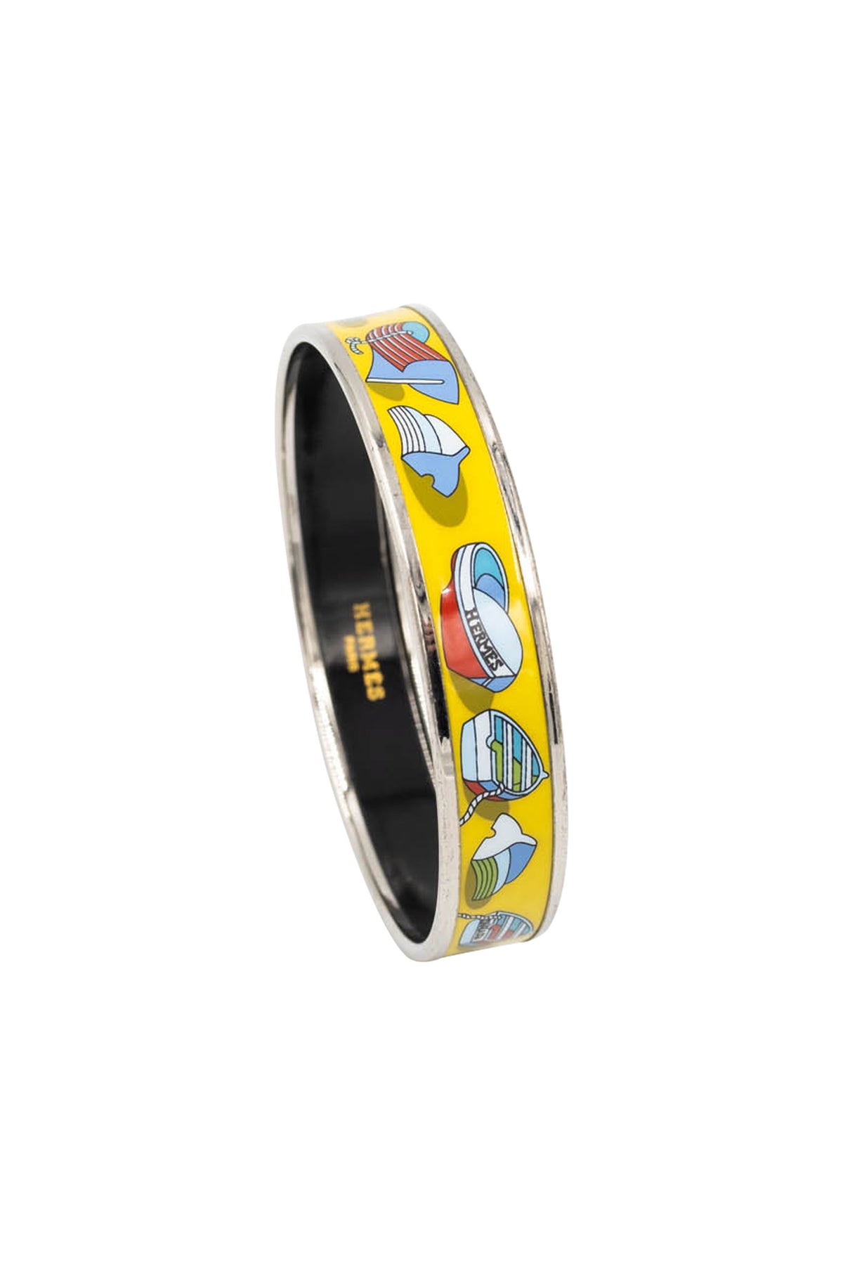 Hermes Yellow Multi-Color Boat Pattern Enamel Bangle Bracelet Size 1/2"
