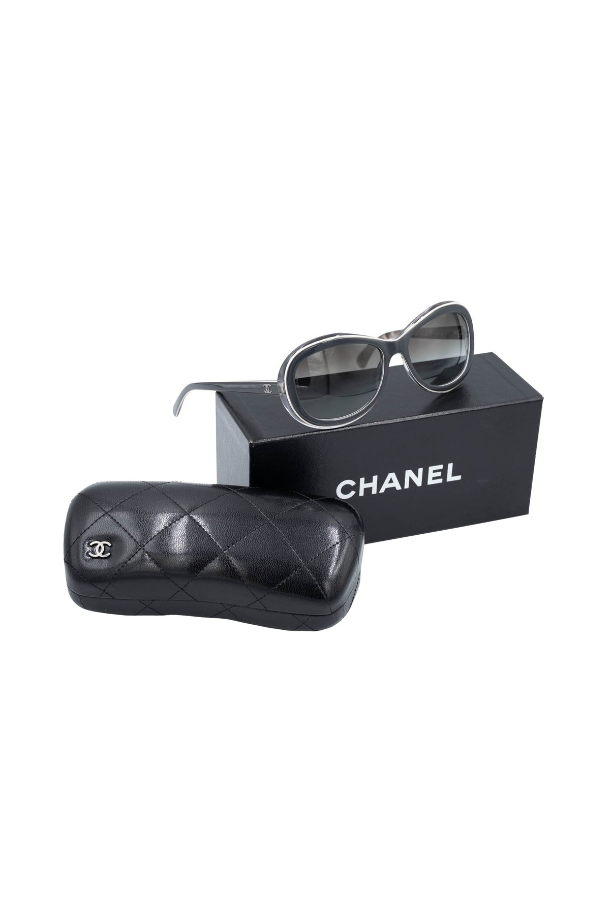 Chanel Gray and White Frame CC Crystal Temple Sunglasses