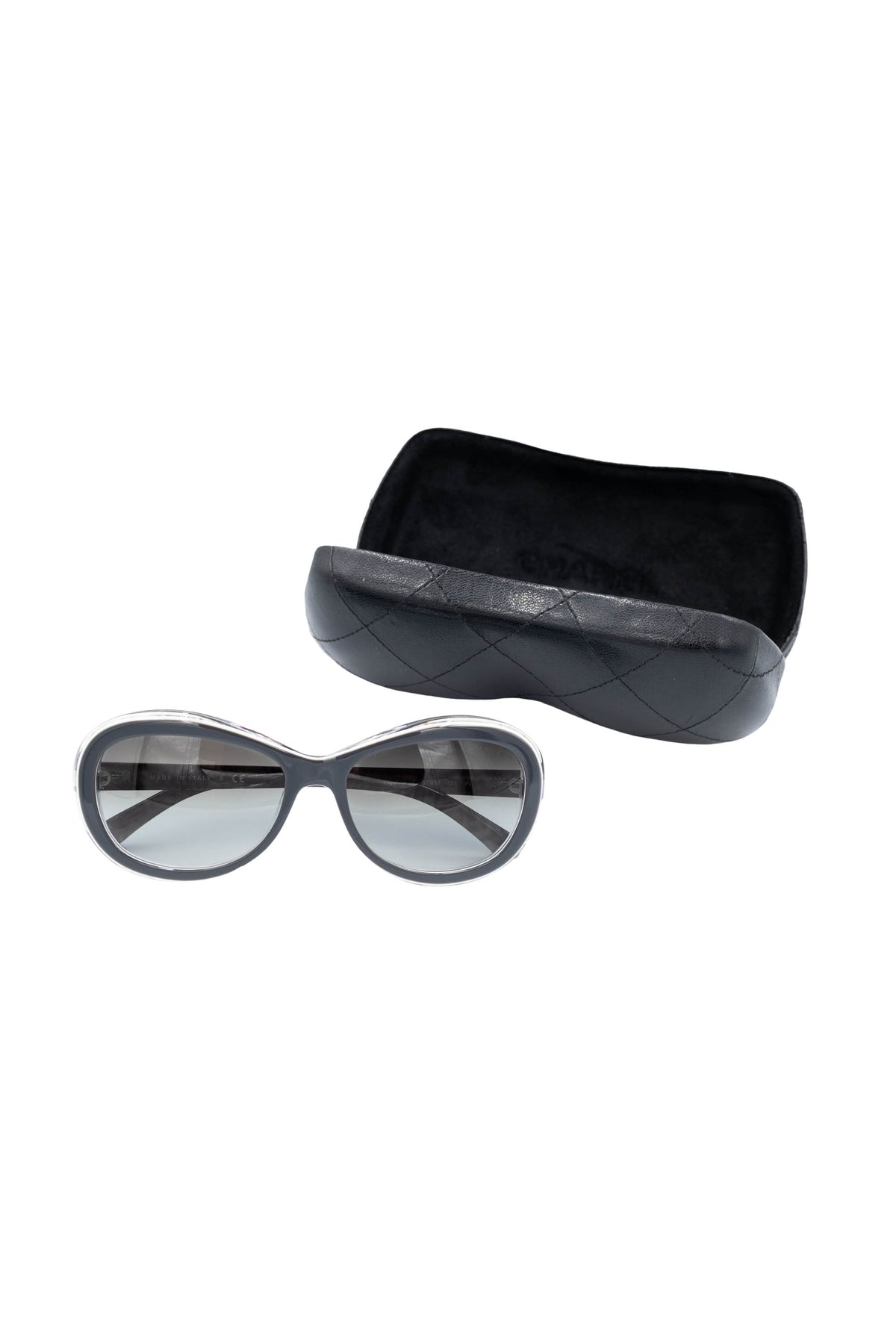 Chanel Gray and White Frame CC Crystal Temple Sunglasses