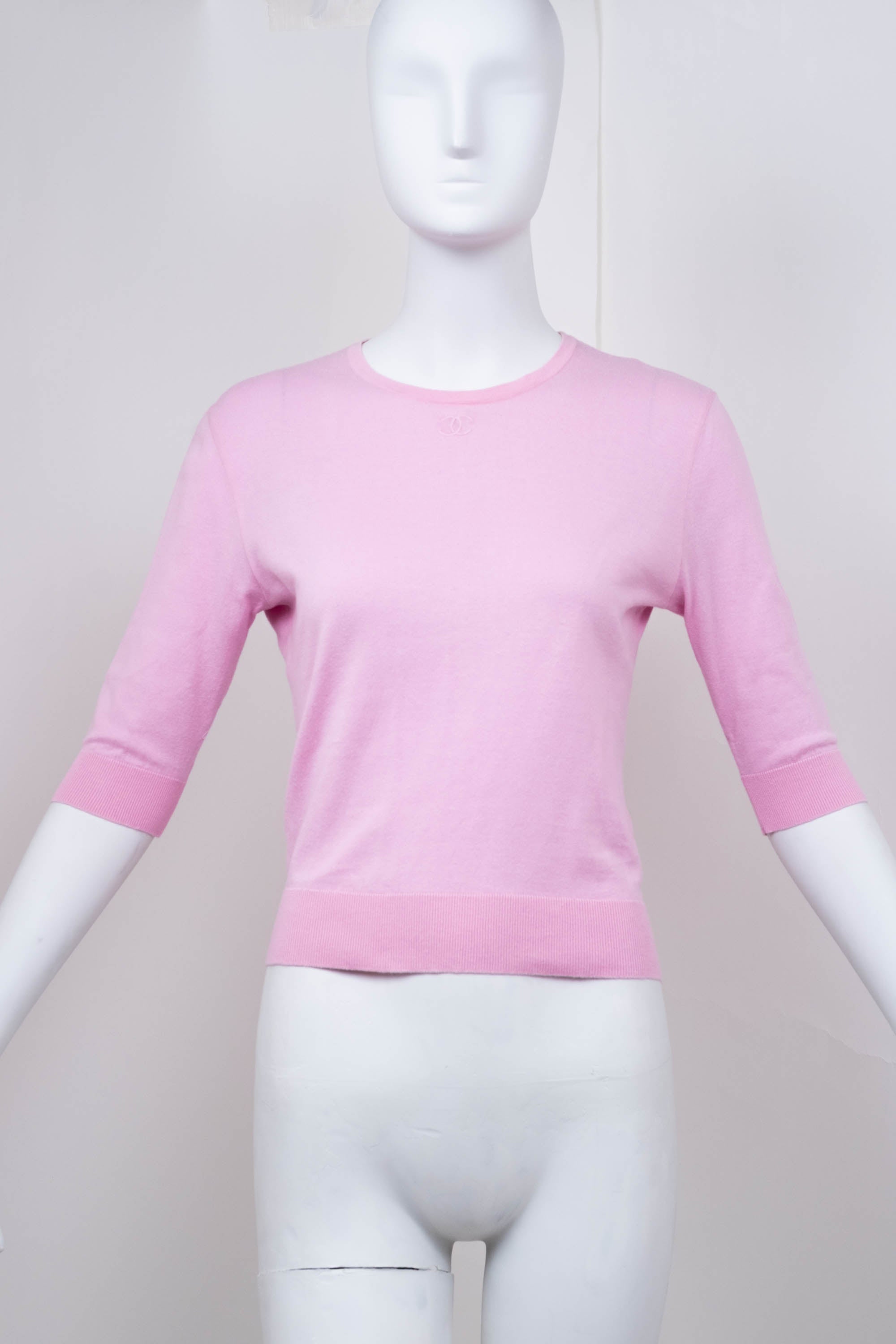 Chanel Candy Pink CC 3/4 Sleeve Knit Scoop Neck Top Size 40 - Foxy