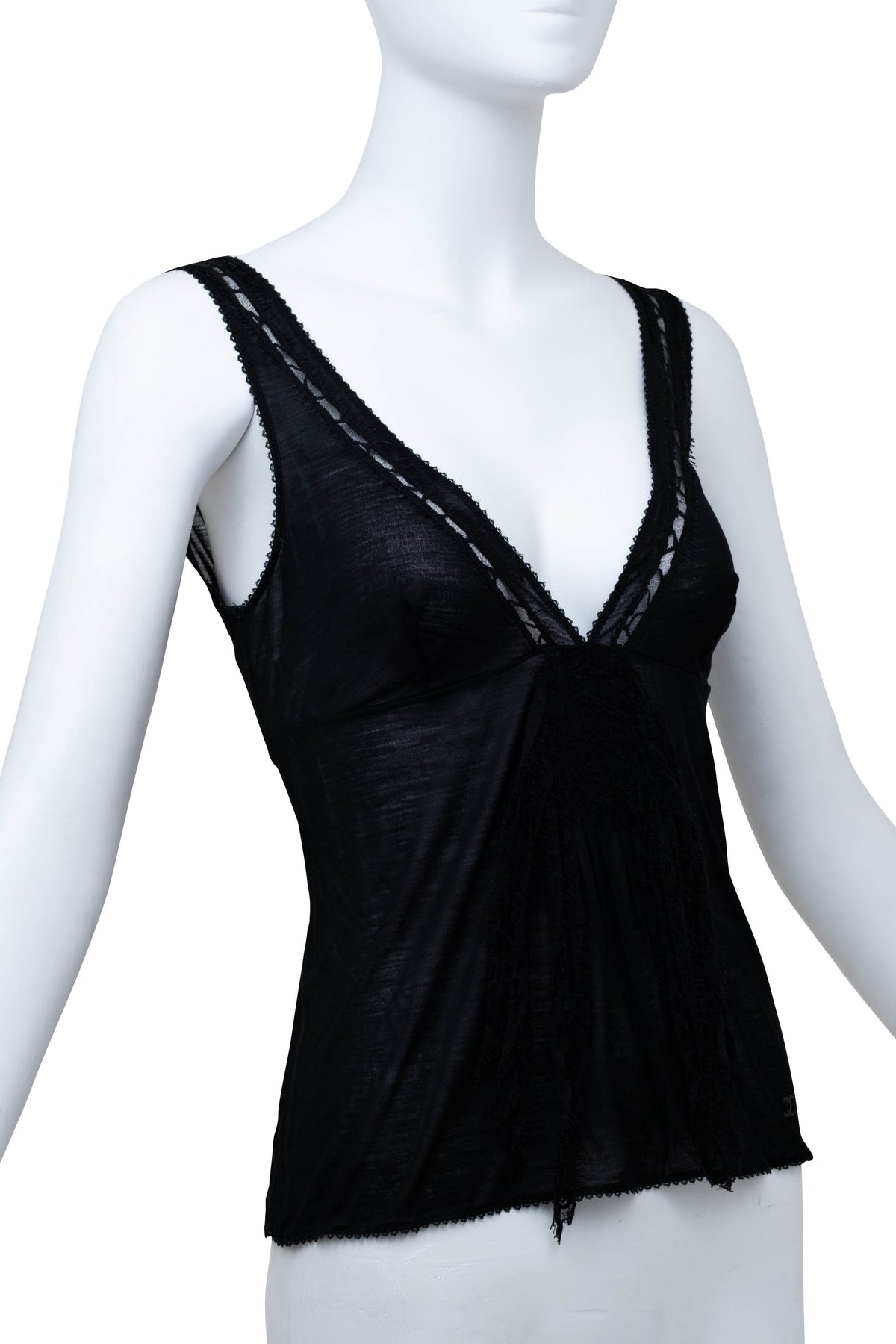 Chanel Black Lace Trim Cami Top Size 40 2005C