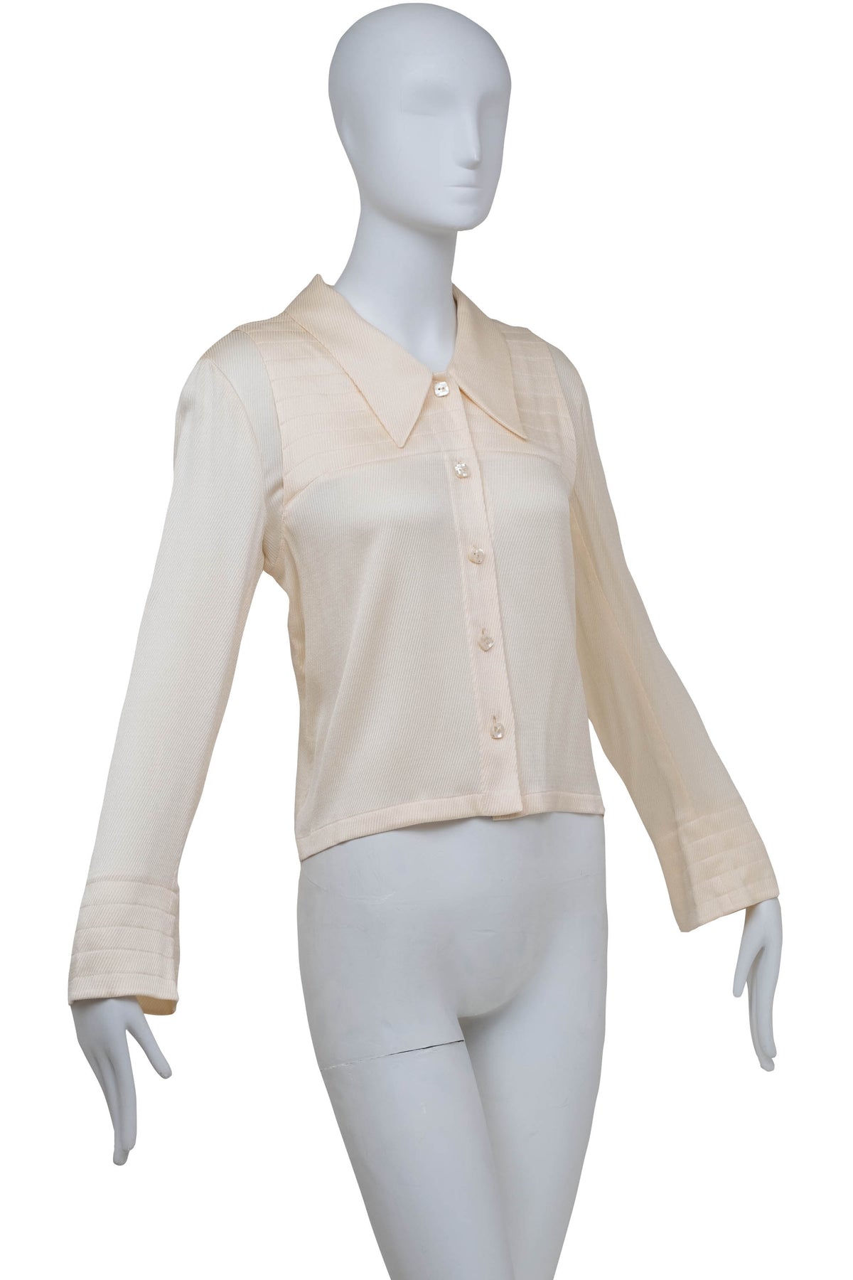 Chanel Ivory Diagonal Jacquard Long Sleeve Rayon Shirt Size 40 2001C