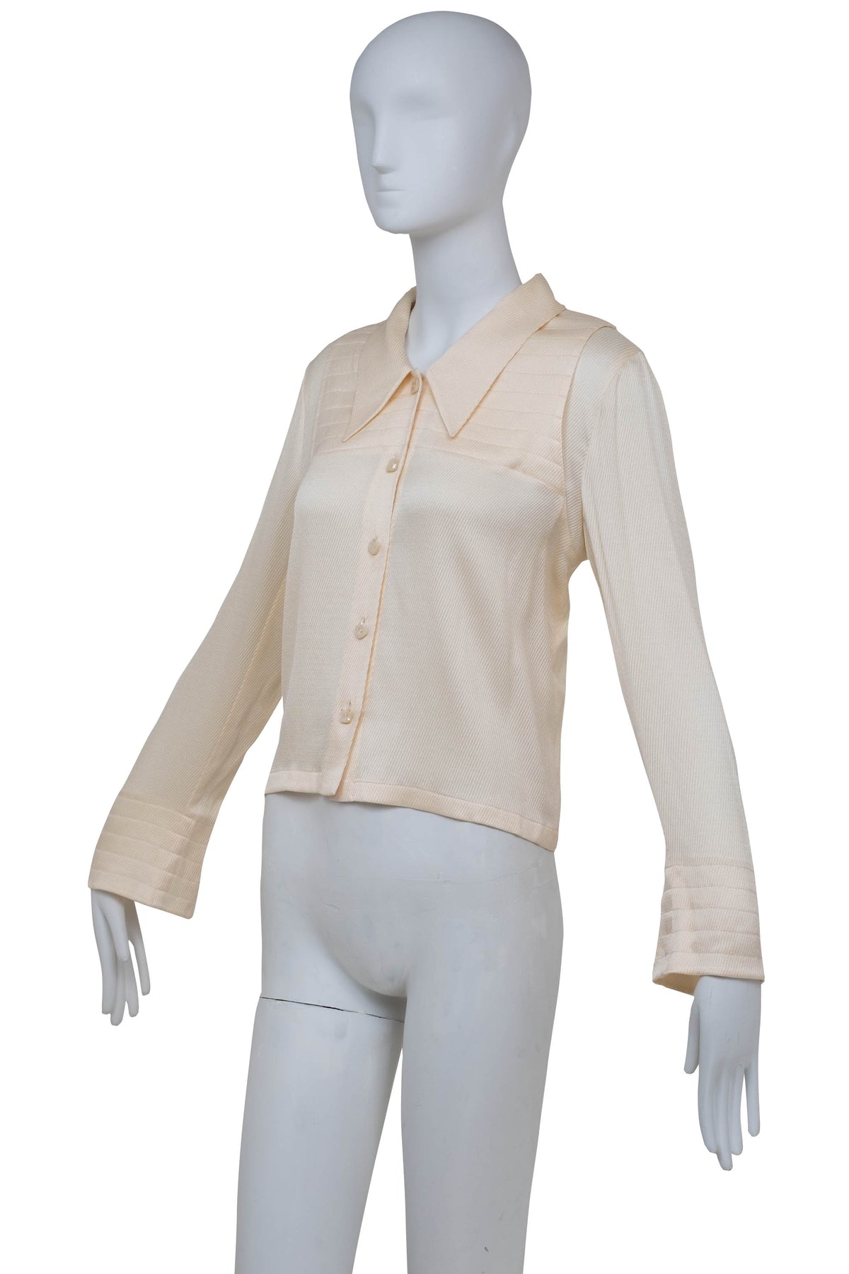 Chanel Ivory Diagonal Jacquard Long Sleeve Rayon Shirt Size 40 2001C