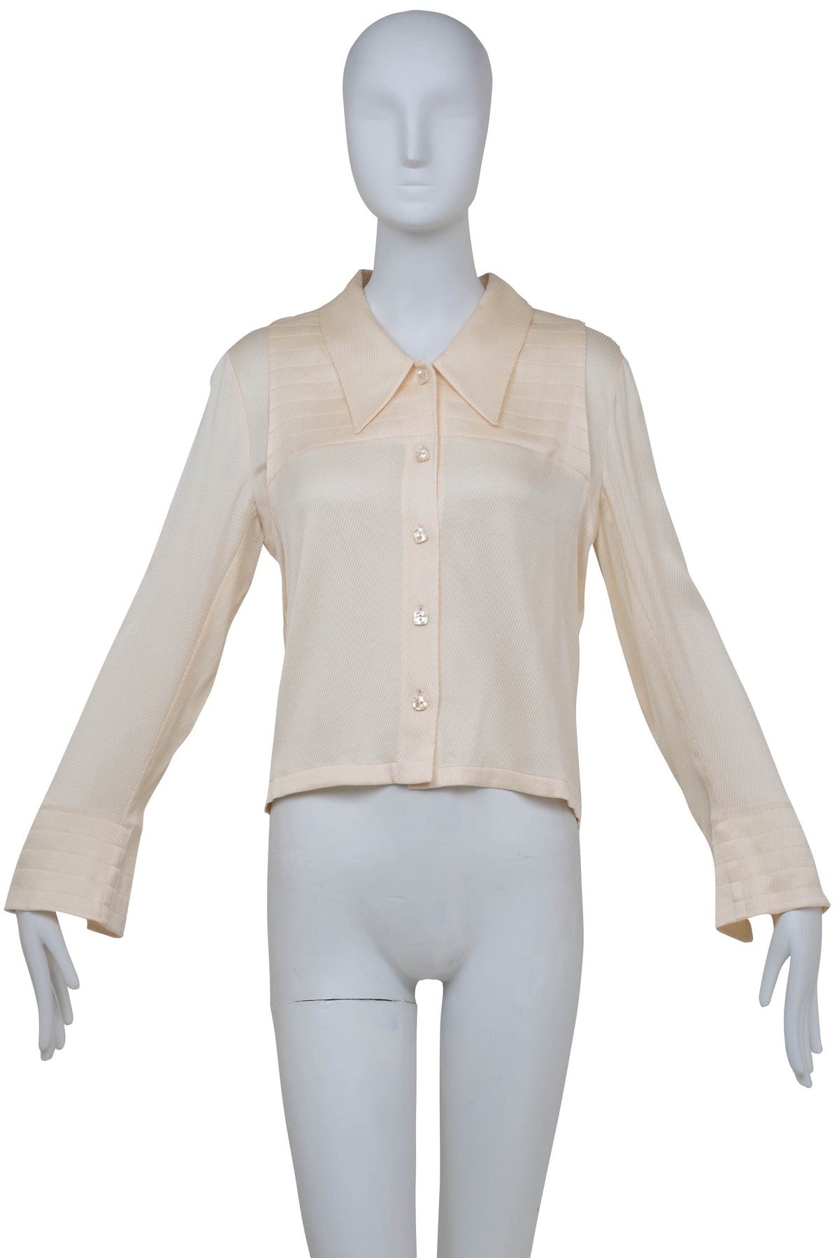 Chanel Ivory Diagonal Jacquard Long Sleeve Rayon Shirt Size 40 2001C