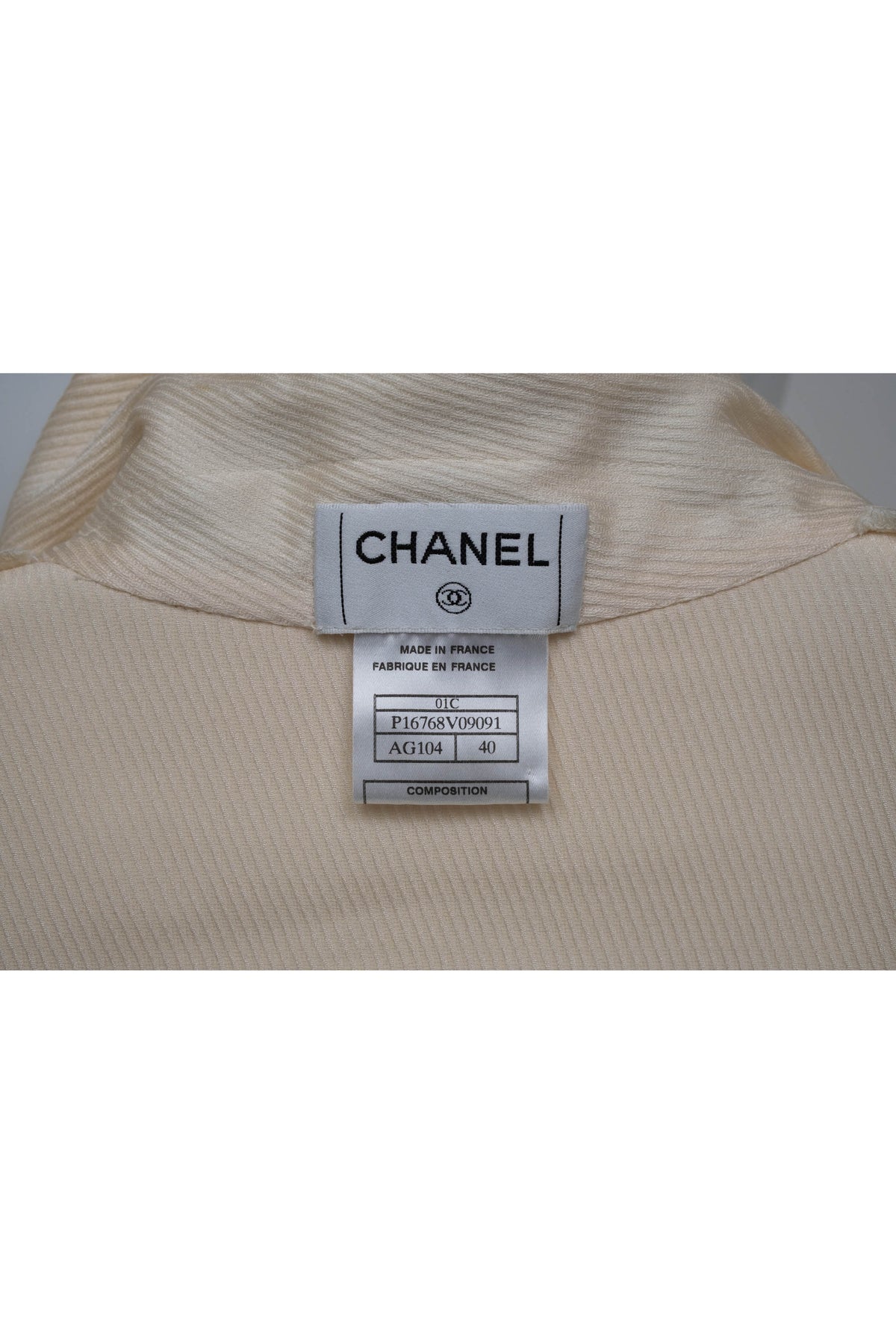 Chanel Ivory Diagonal Jacquard Long Sleeve Rayon Shirt Size 40 2001C