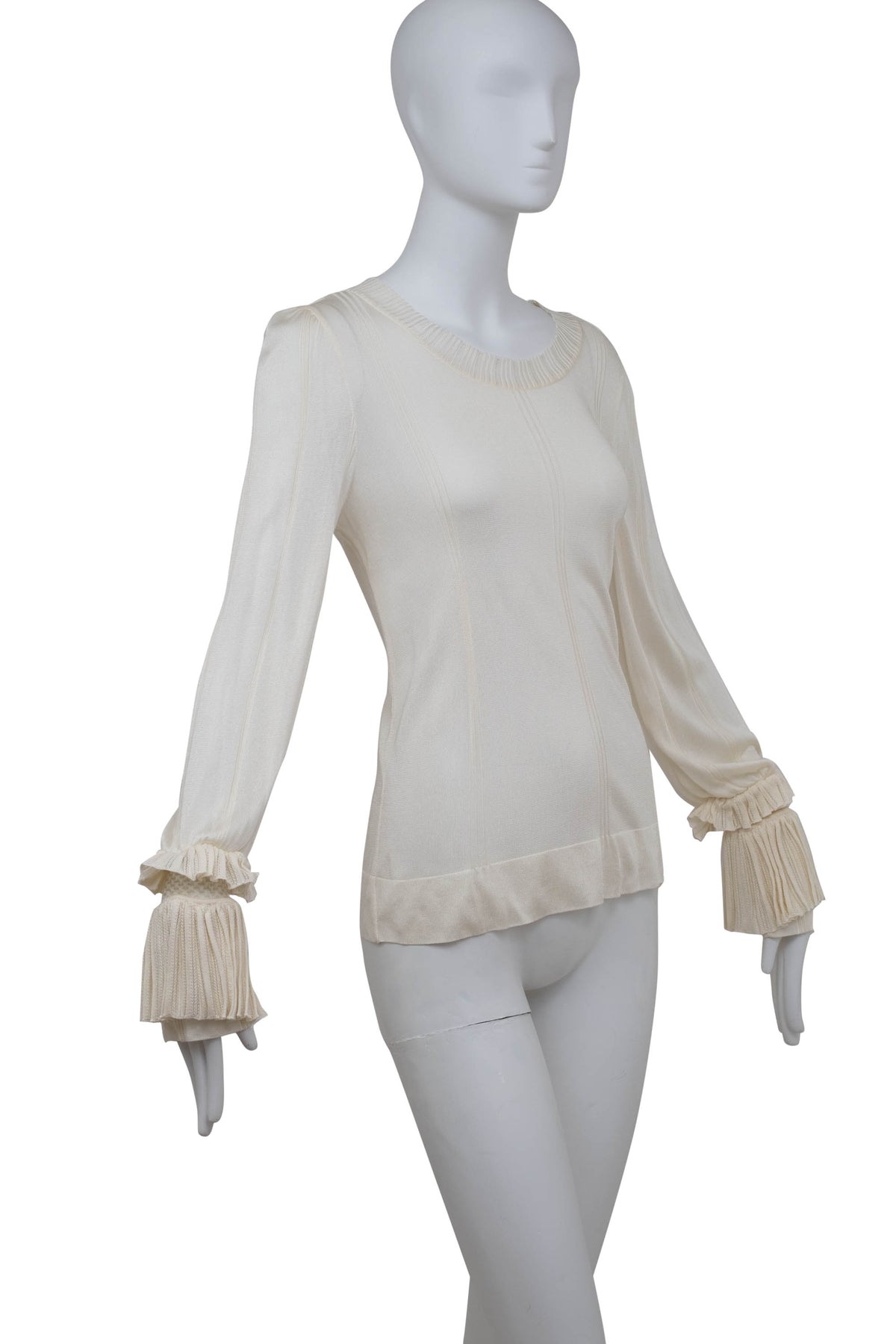 Chanel White Mesh Knit Rayon Ruffle Cuff Top 2006P Size 42
